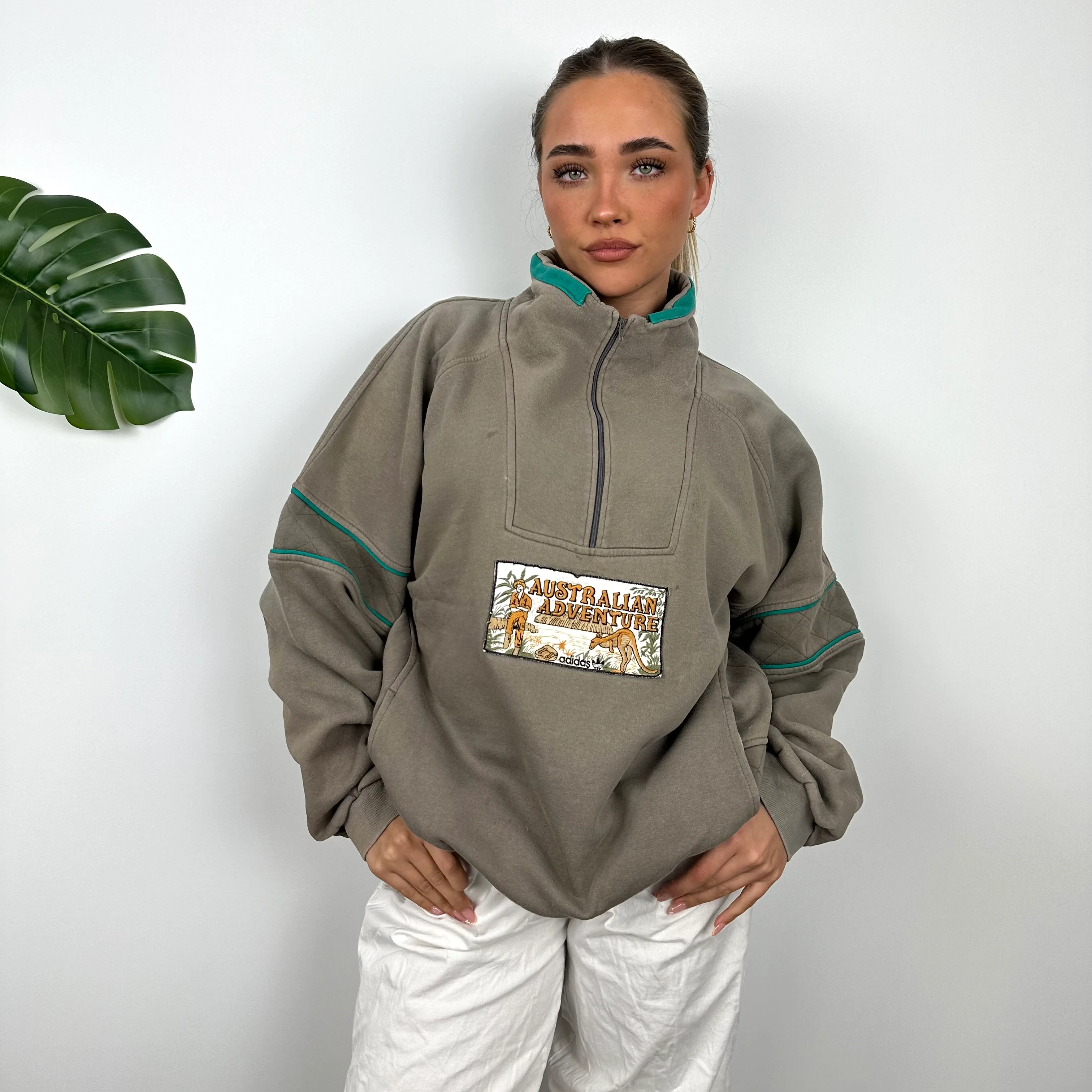 Adidas Brown Embroidered Spell Out Quarter Zip Sweatshirt (L) - Image 2