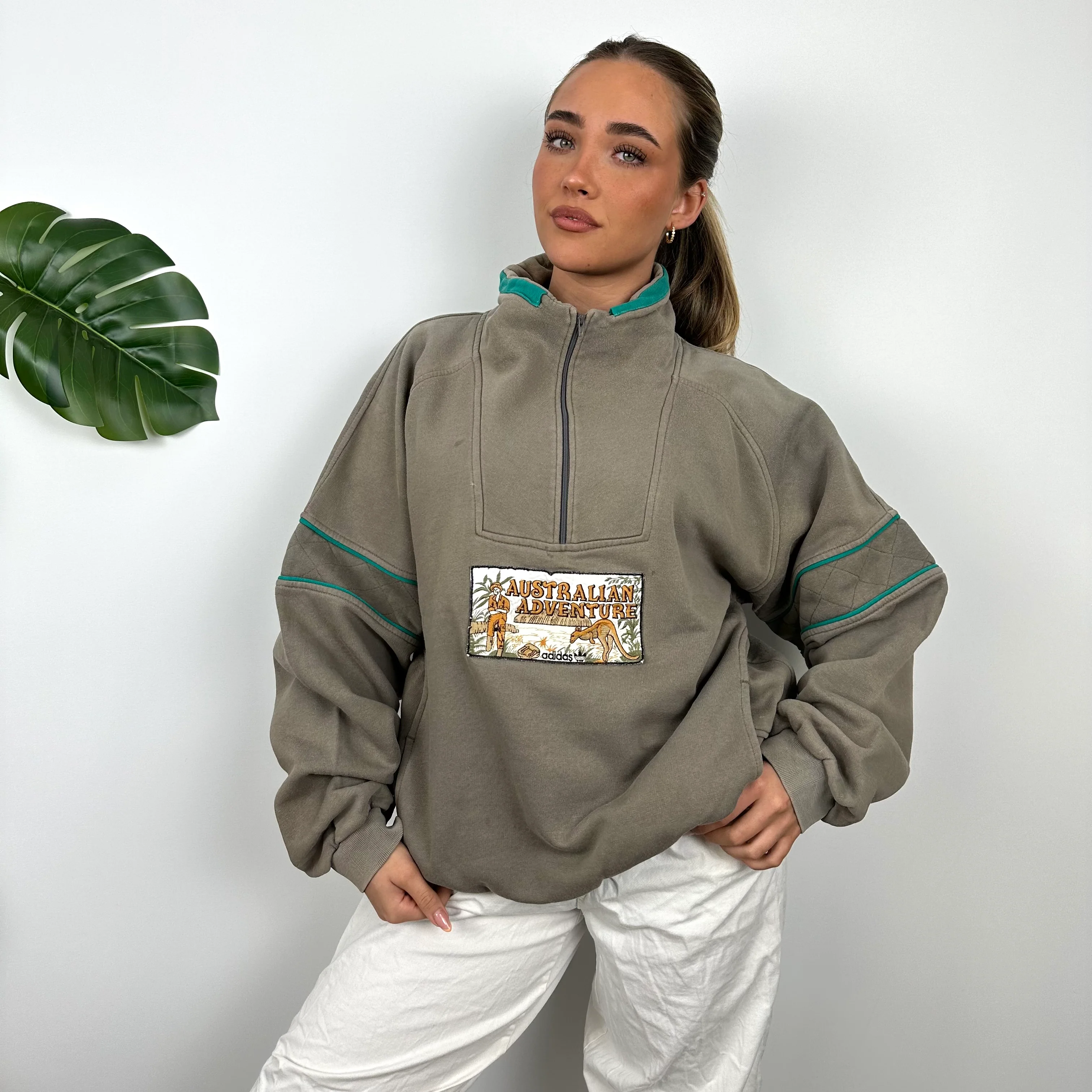 Adidas Brown Embroidered Spell Out Quarter Zip Sweatshirt (L) - Image 3