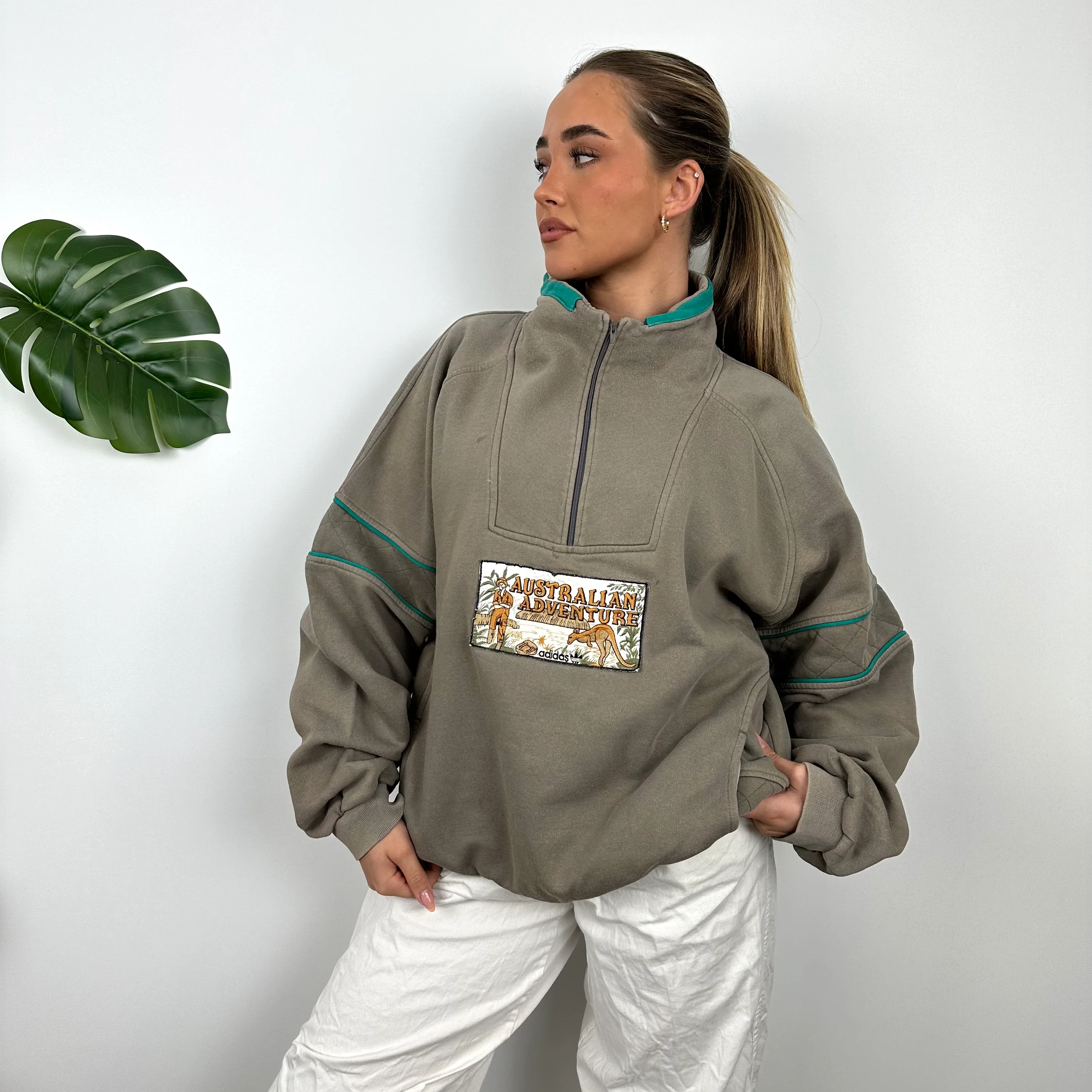 Adidas Brown Embroidered Spell Out Quarter Zip Sweatshirt (L) - Image 4