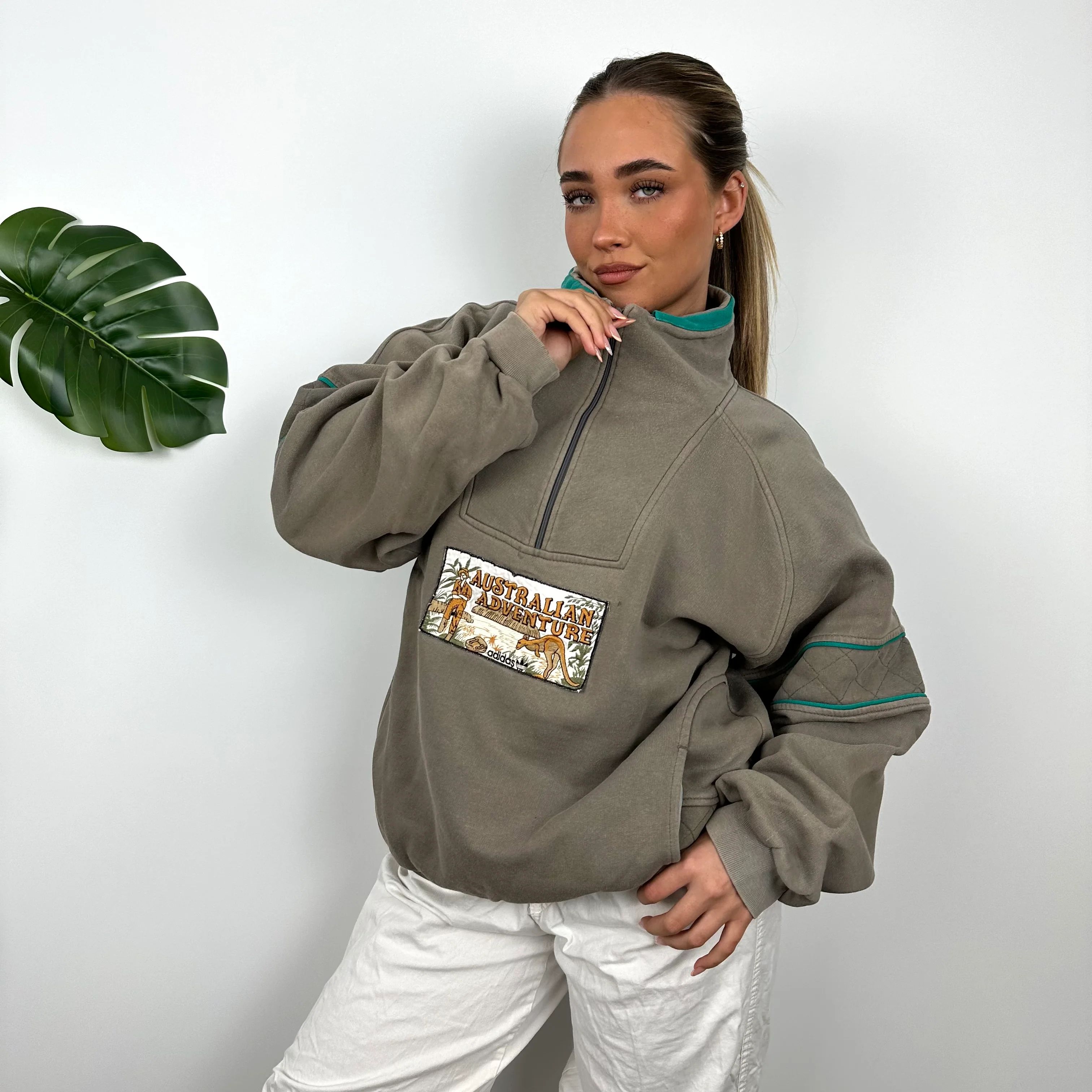 Adidas Brown Embroidered Spell Out Quarter Zip Sweatshirt (L) - Image 5