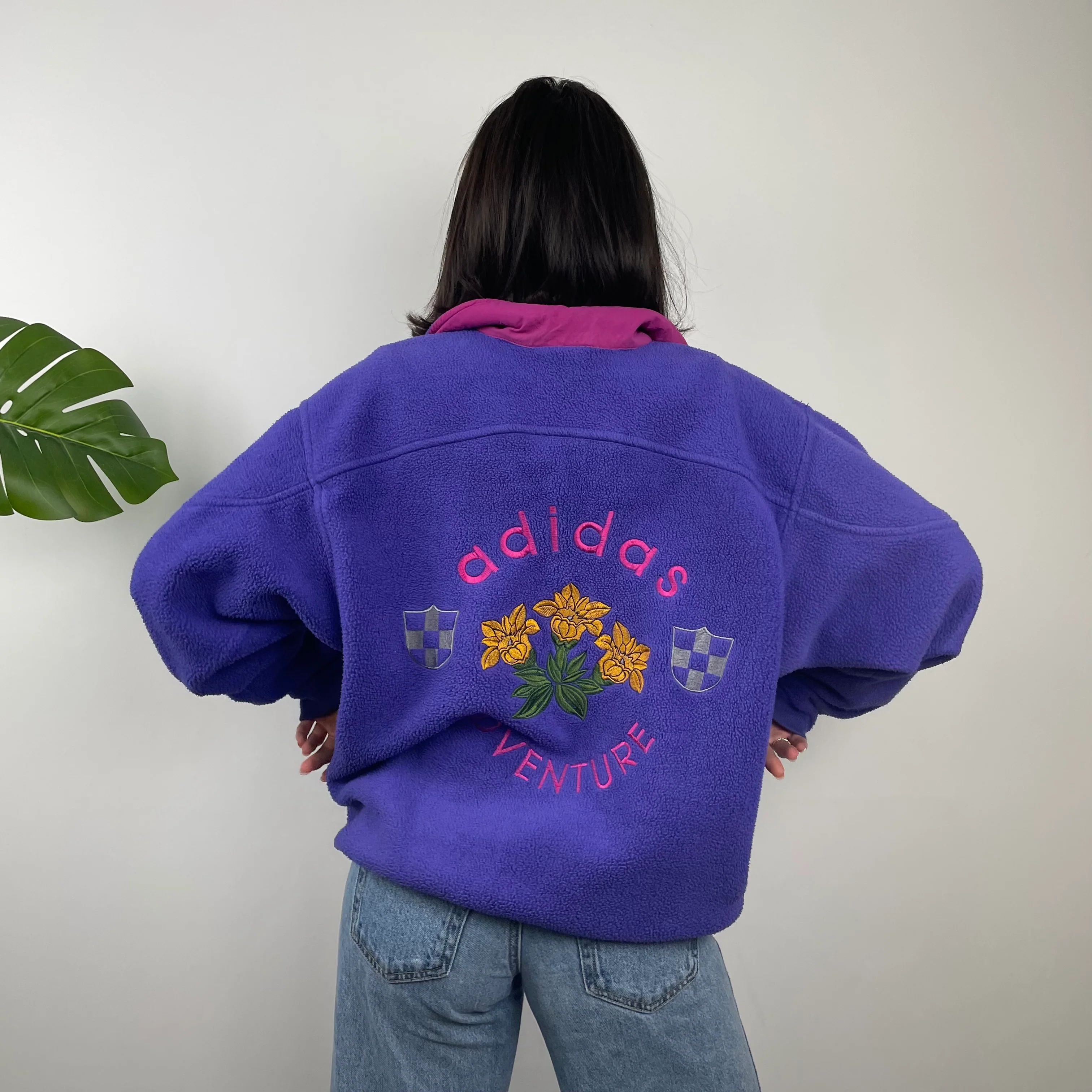 Adidas Adventure RARE Purple Embroidered Spell Out Teddy Bear Fleece Button Sweatshirt (M)