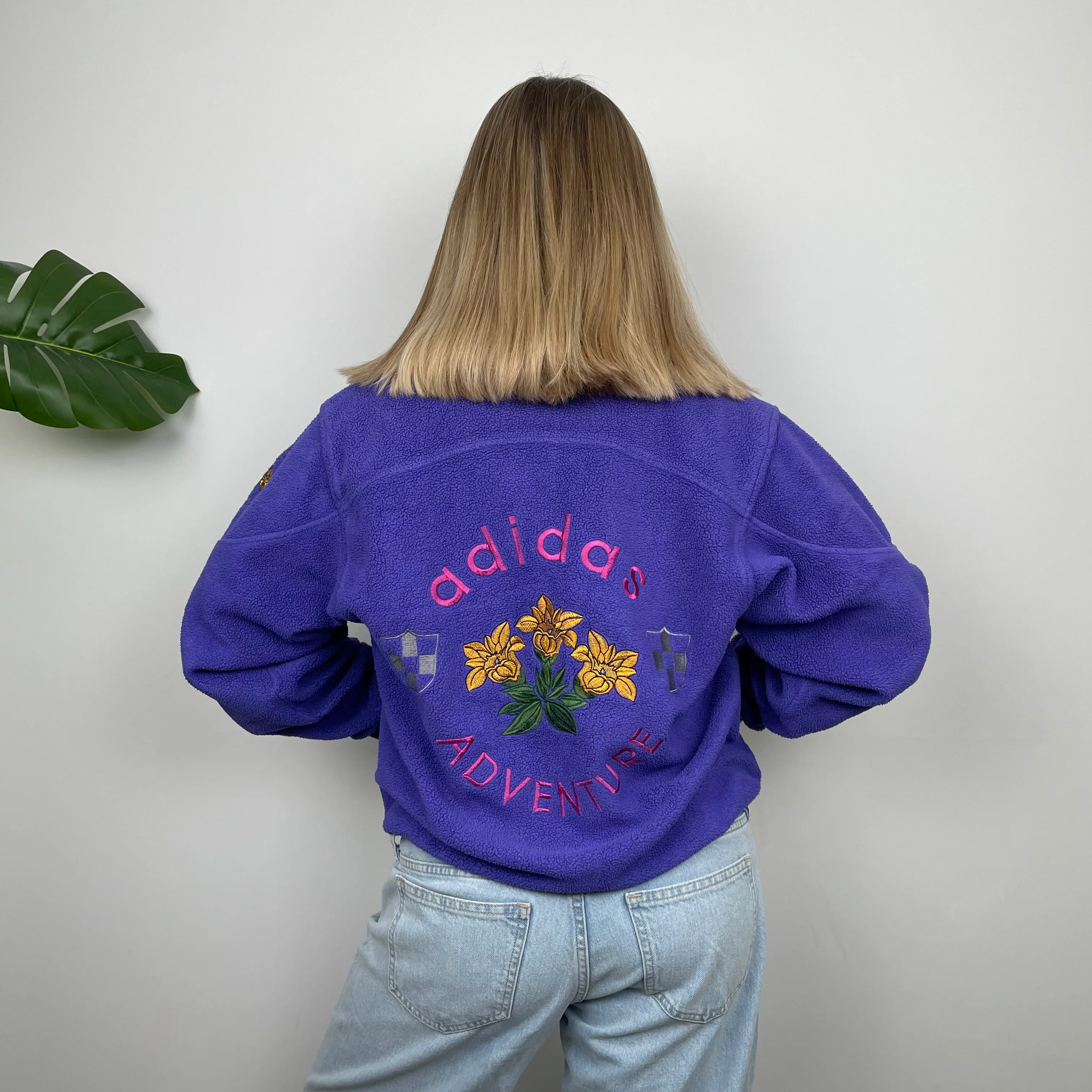 Adidas Adventure RARE Purple Embroidered Spell Out Teddy Bear Fleece Button Sweatshirt (M)