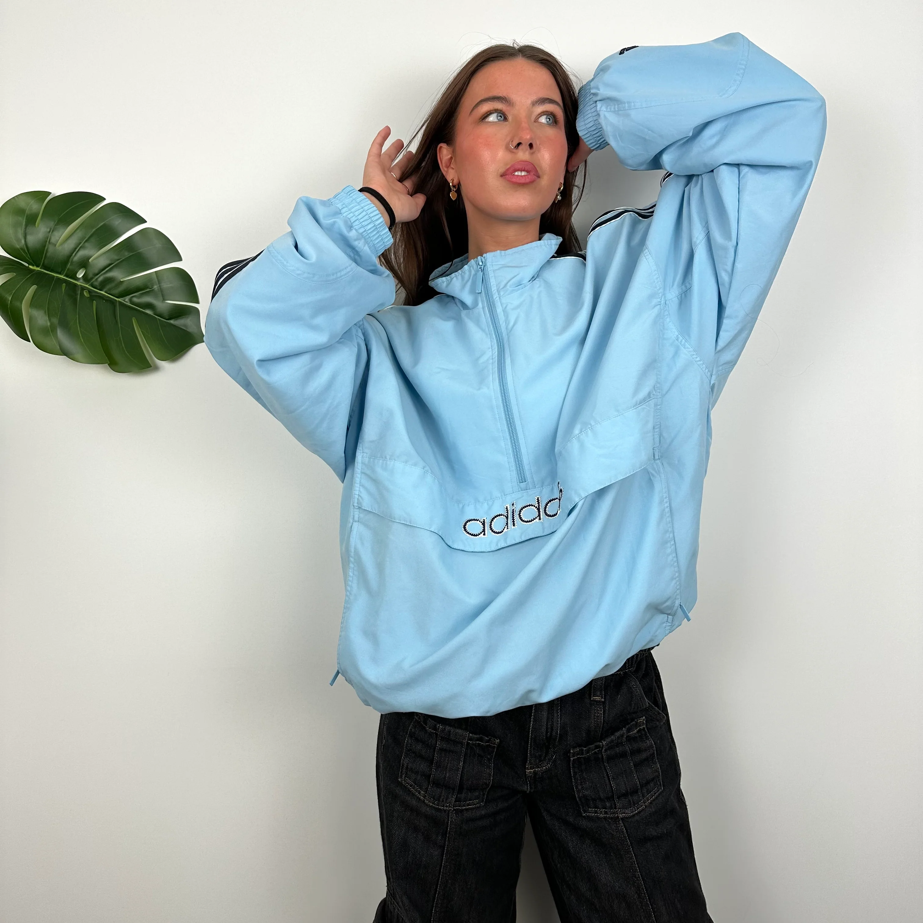 Adidas Baby Blue Embroidered Spell Out Quarter Zip Windbreaker Jacket (L) - Image 2
