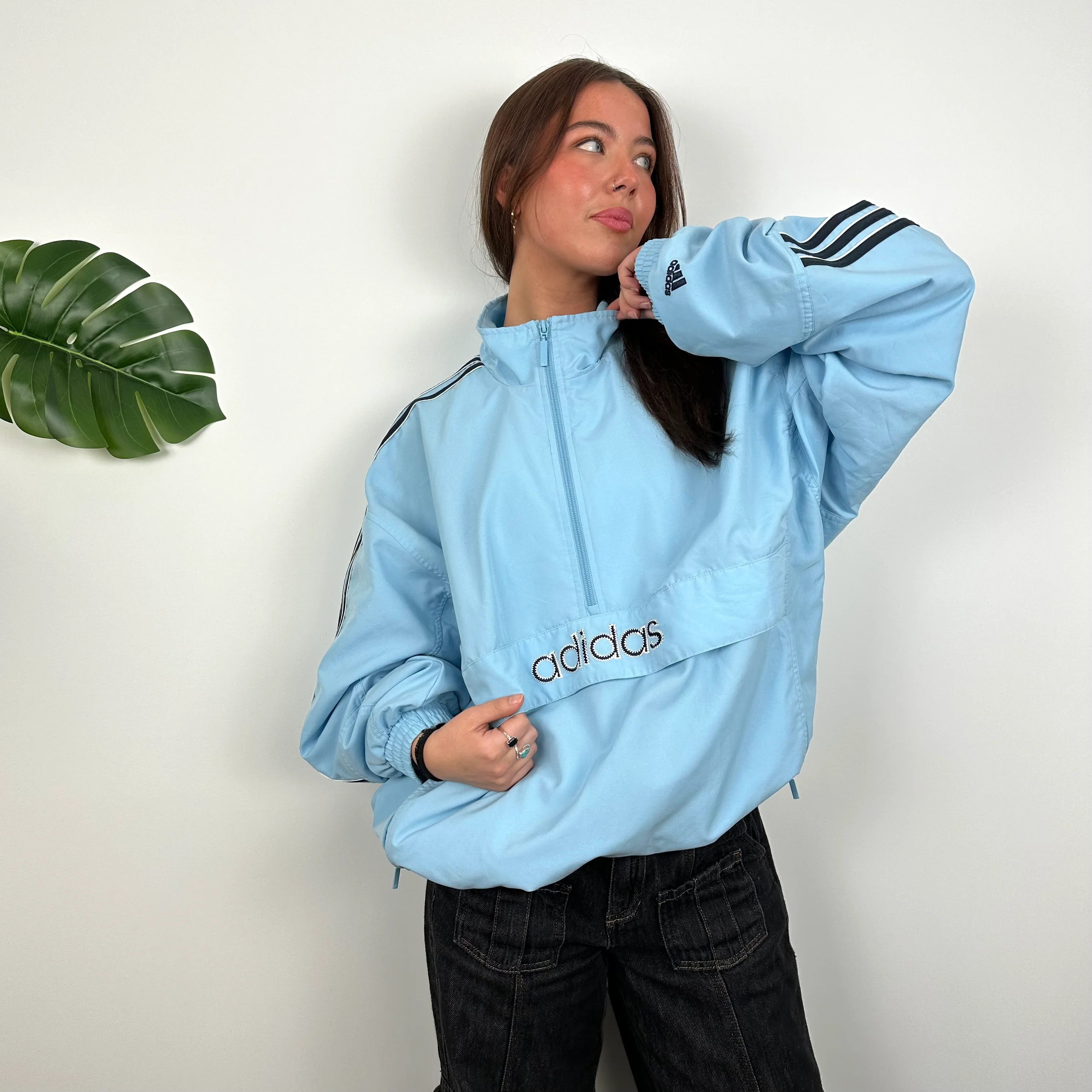 Adidas Baby Blue Embroidered Spell Out Quarter Zip Windbreaker Jacket (L) - Image 3