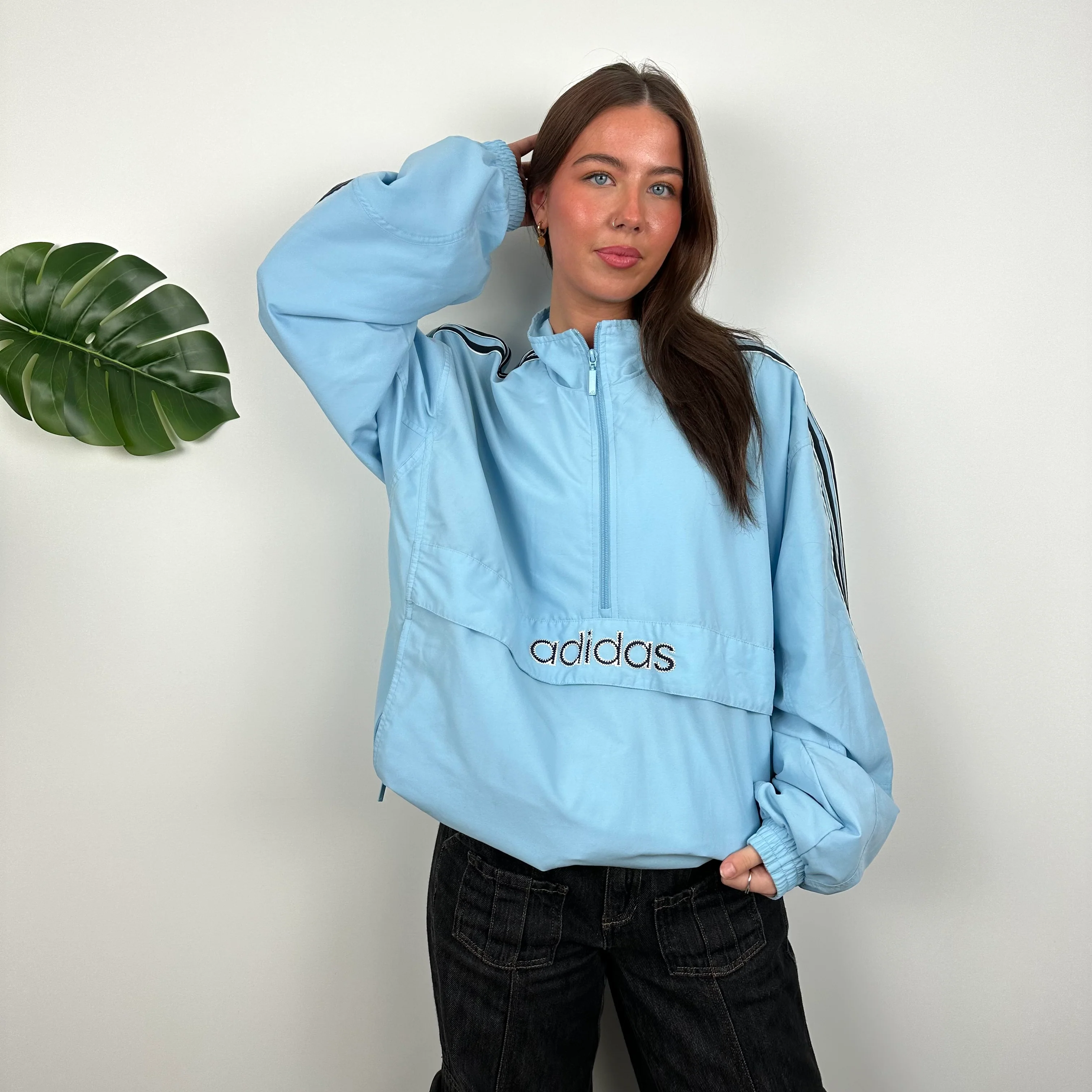 Adidas Baby Blue Embroidered Spell Out Quarter Zip Windbreaker Jacket (L) - Image 4