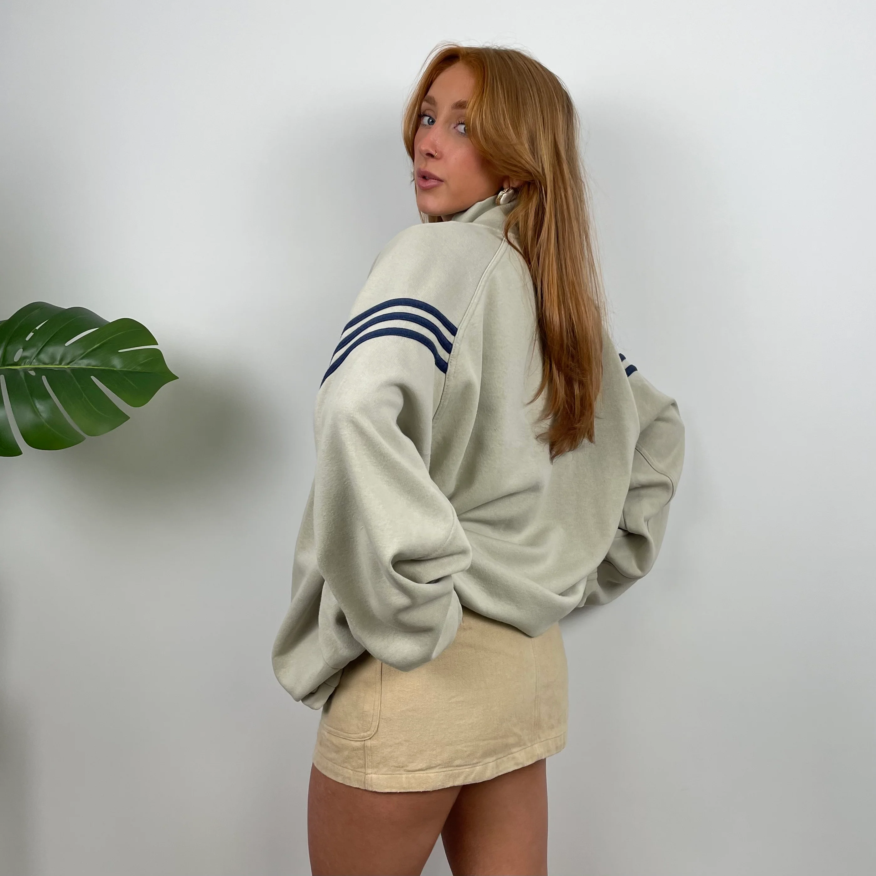 Adidas Beige  Embroidered Spell Out Quarter Zip Sweatshirt (XL) - Image 4