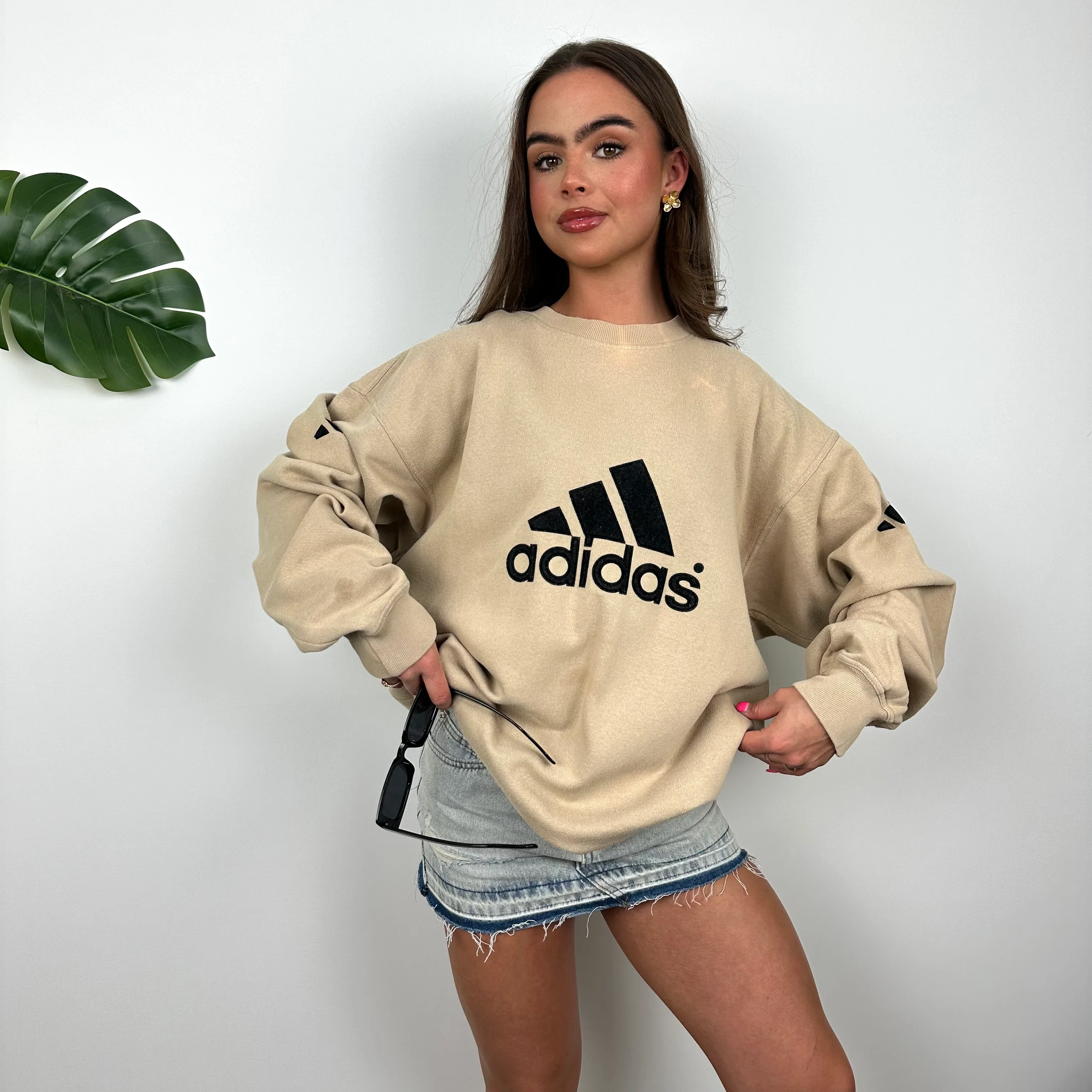 Adidas Beige Embroidered Spell Out Sweatshirt (XL) - Image 3