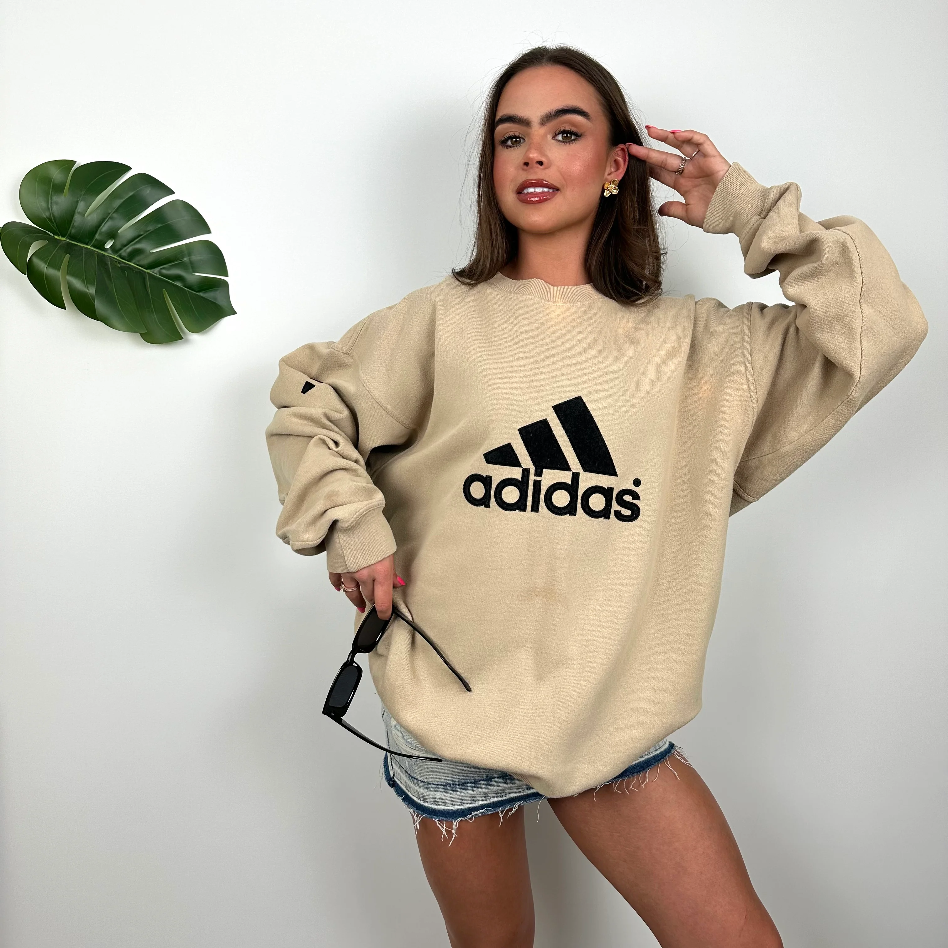 Adidas Beige Embroidered Spell Out Sweatshirt (XL) - Image 4