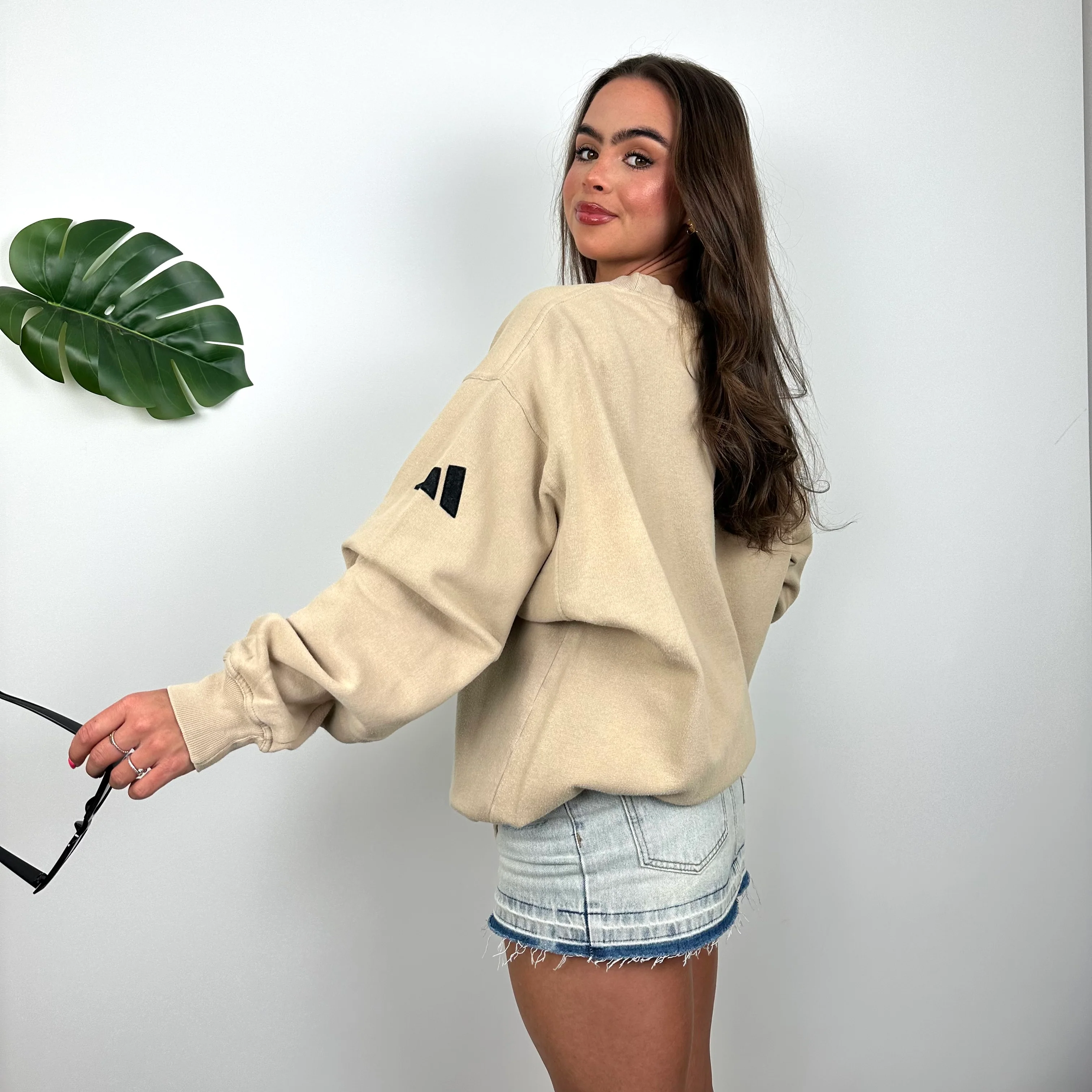 Adidas Beige Embroidered Spell Out Sweatshirt (XL) - Image 5