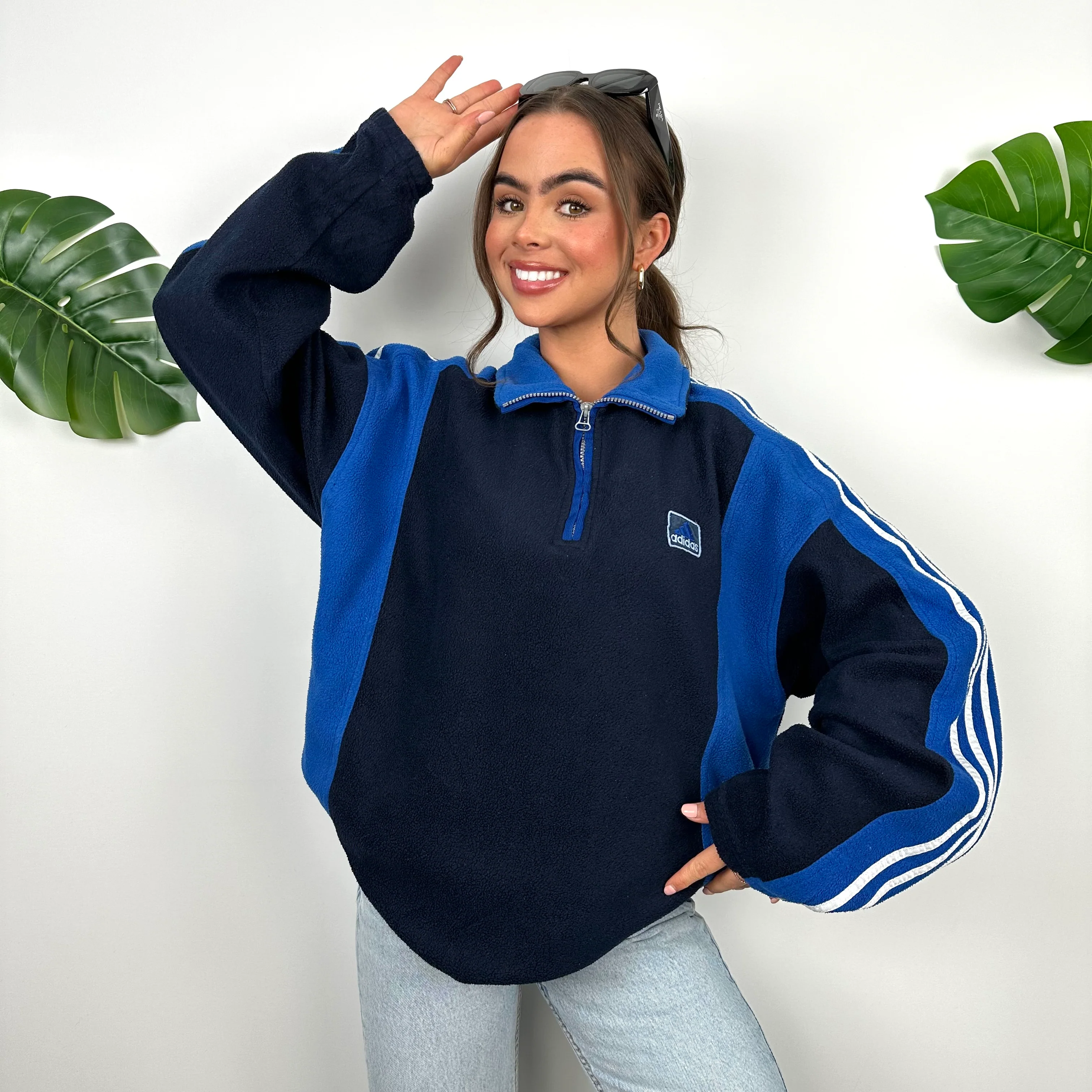 Adidas Black and Blue Embroidered Spell Out Logo Teddy Bear Fleece Quarter Zip Sweatshirt (XL)