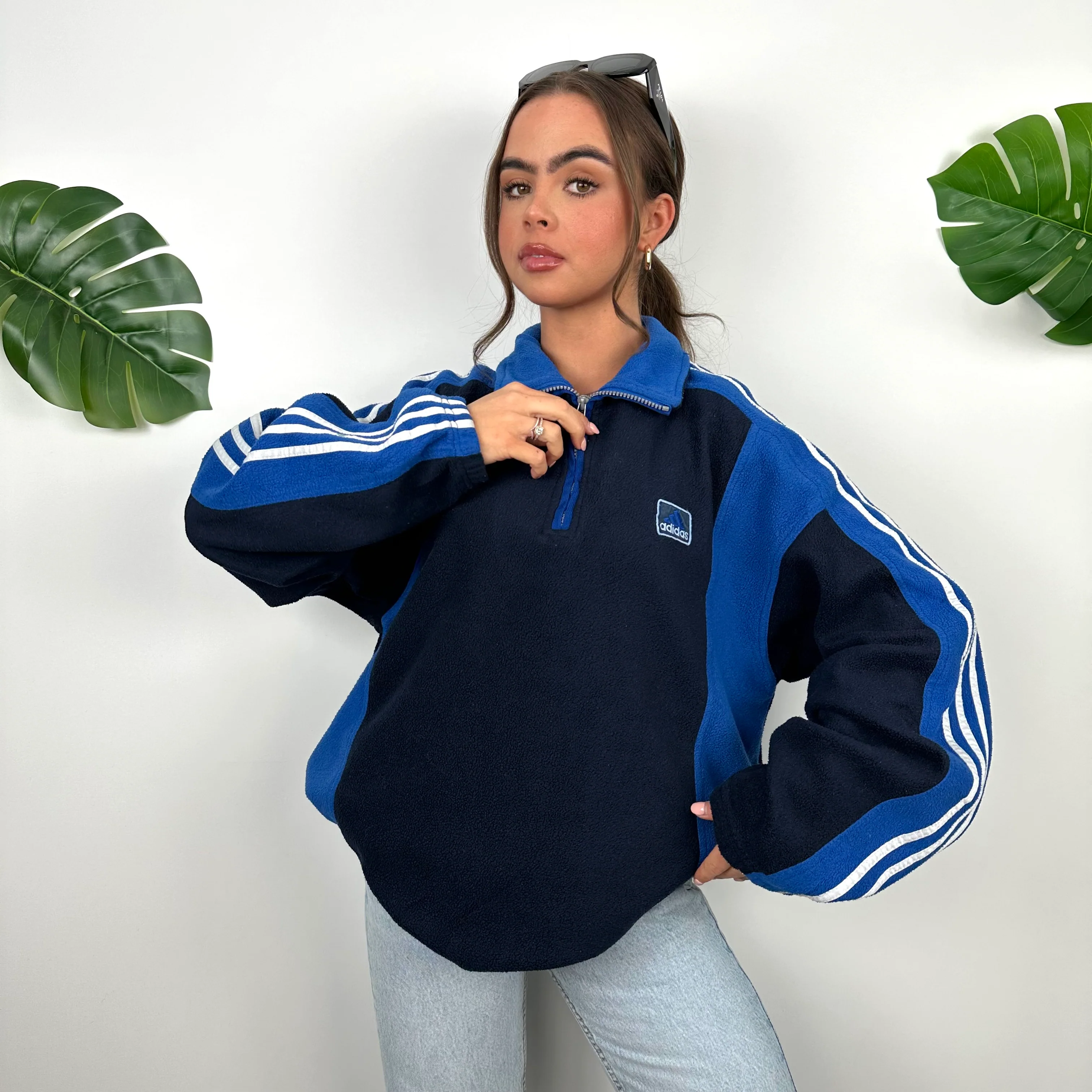 Adidas Black and Blue Embroidered Spell Out Logo Teddy Bear Fleece Quarter Zip Sweatshirt (XL) - Image 2