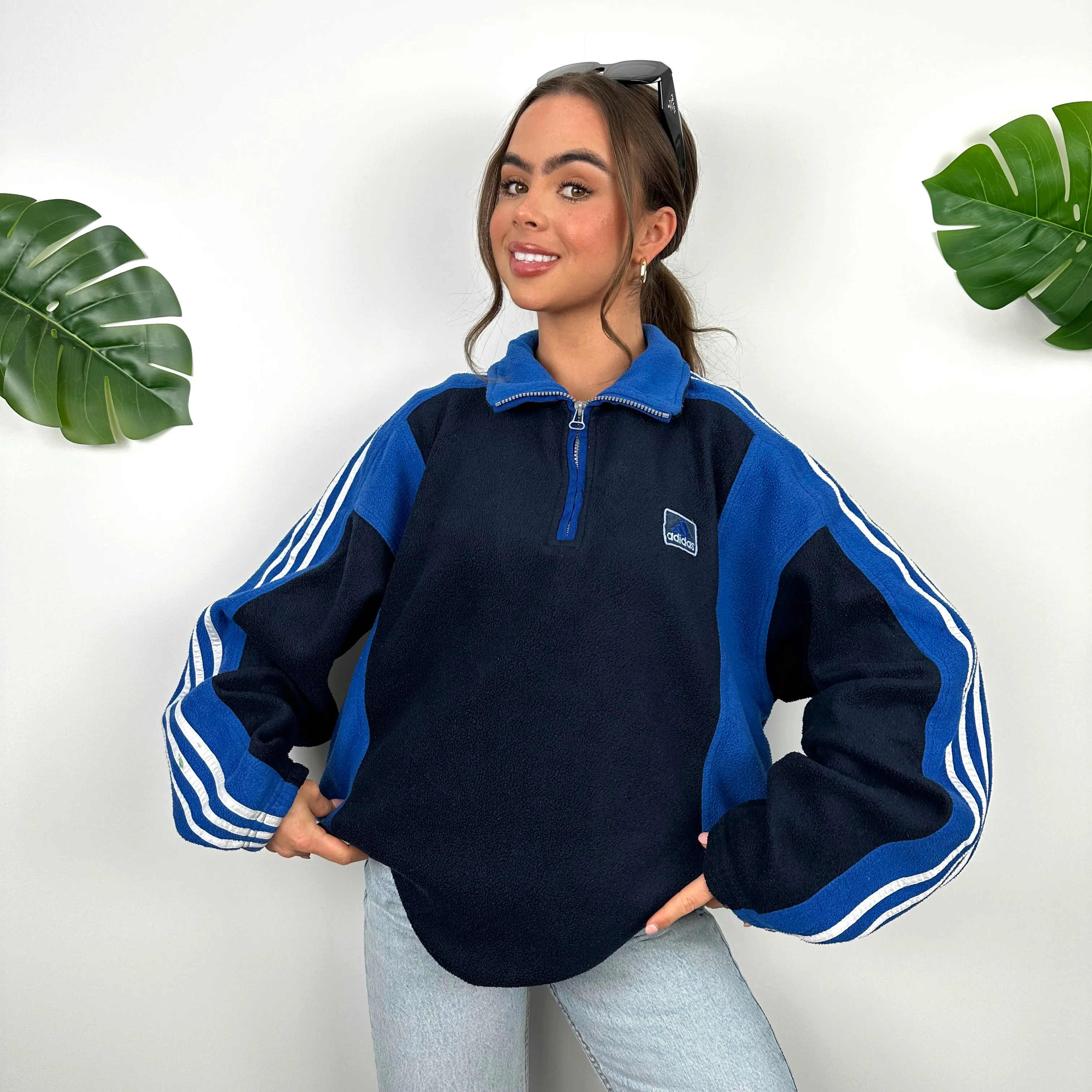 Adidas Black and Blue Embroidered Spell Out Logo Teddy Bear Fleece Quarter Zip Sweatshirt (XL) - Image 3