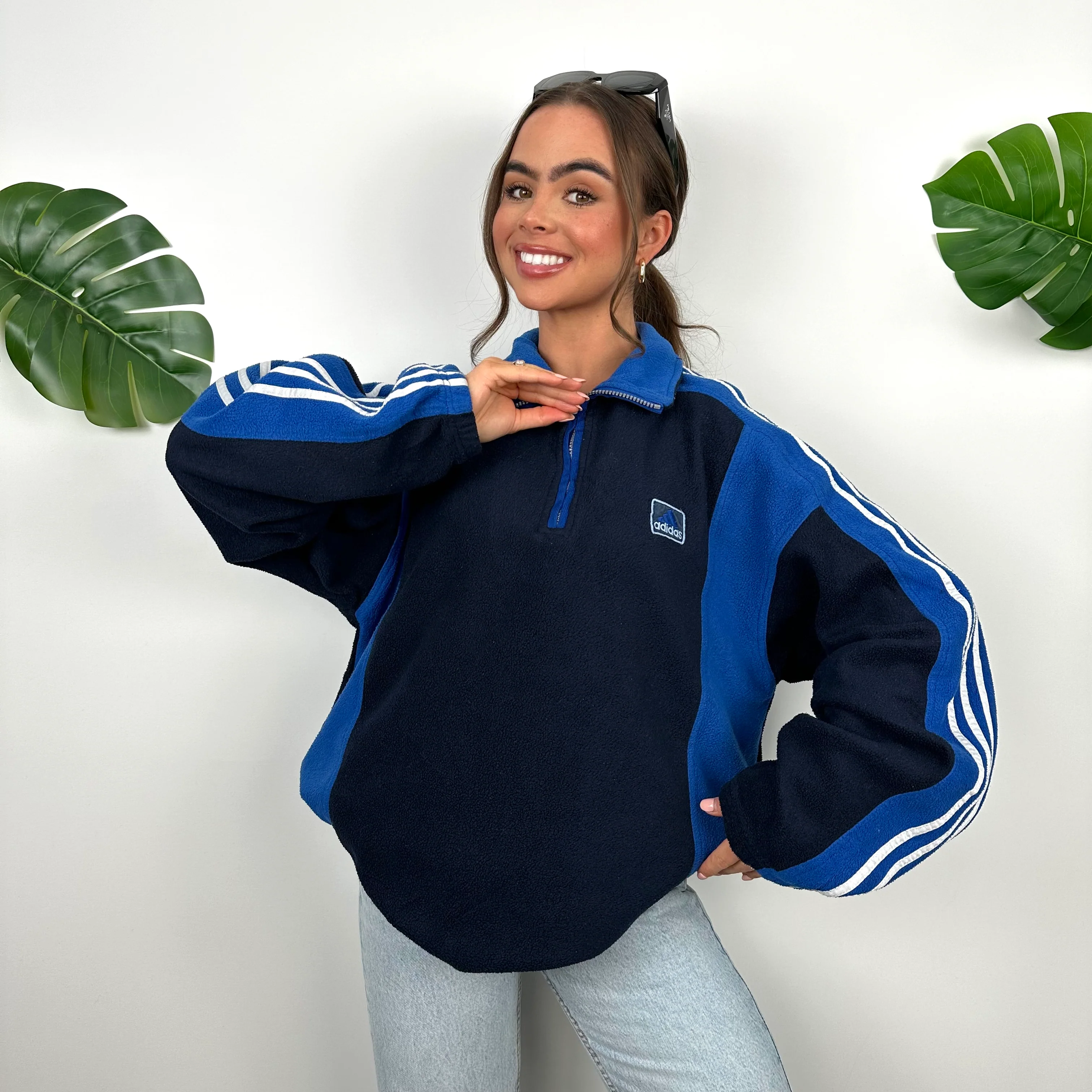 Adidas Black and Blue Embroidered Spell Out Logo Teddy Bear Fleece Quarter Zip Sweatshirt (XL) - Image 4