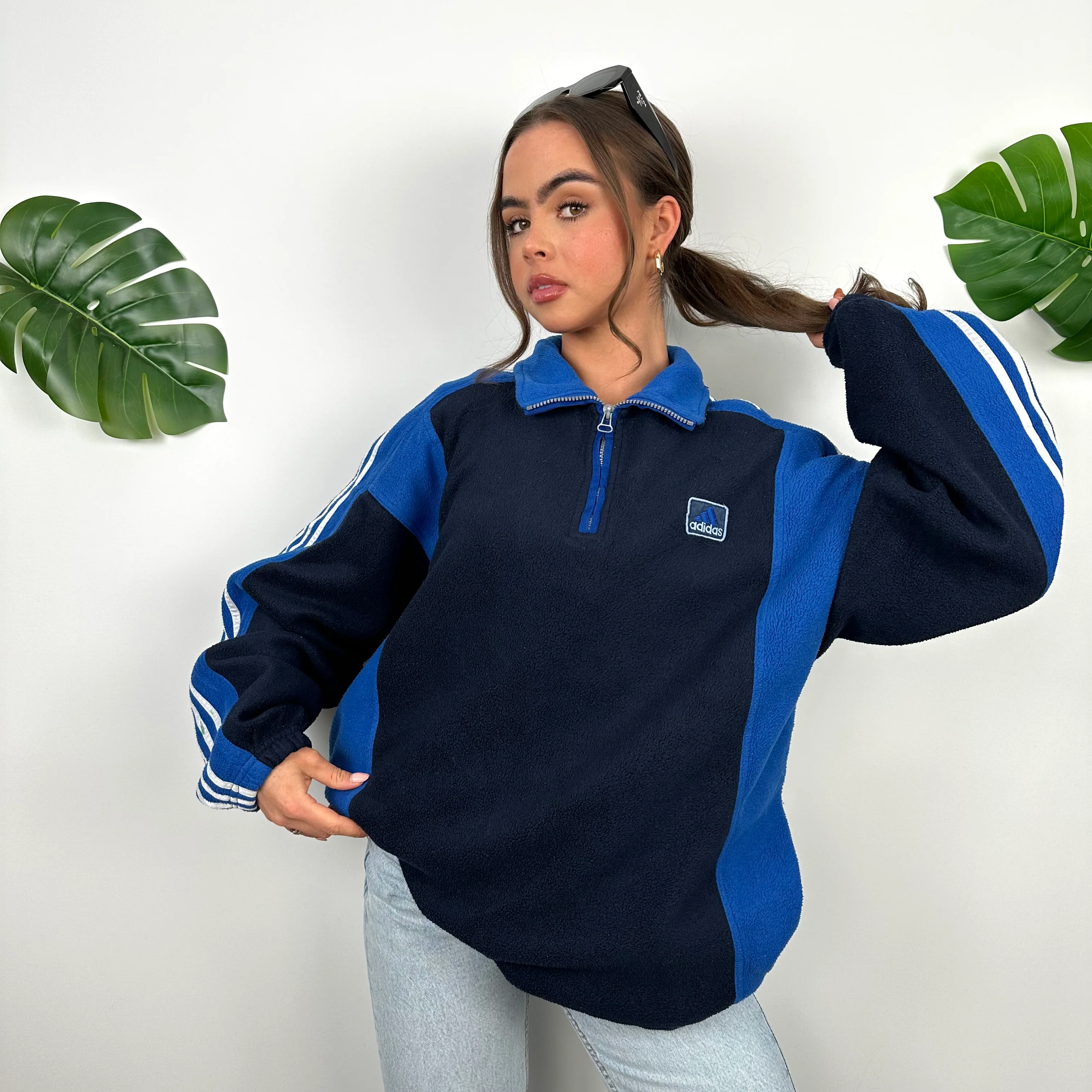 Adidas Black and Blue Embroidered Spell Out Logo Teddy Bear Fleece Quarter Zip Sweatshirt (XL) - Image 5
