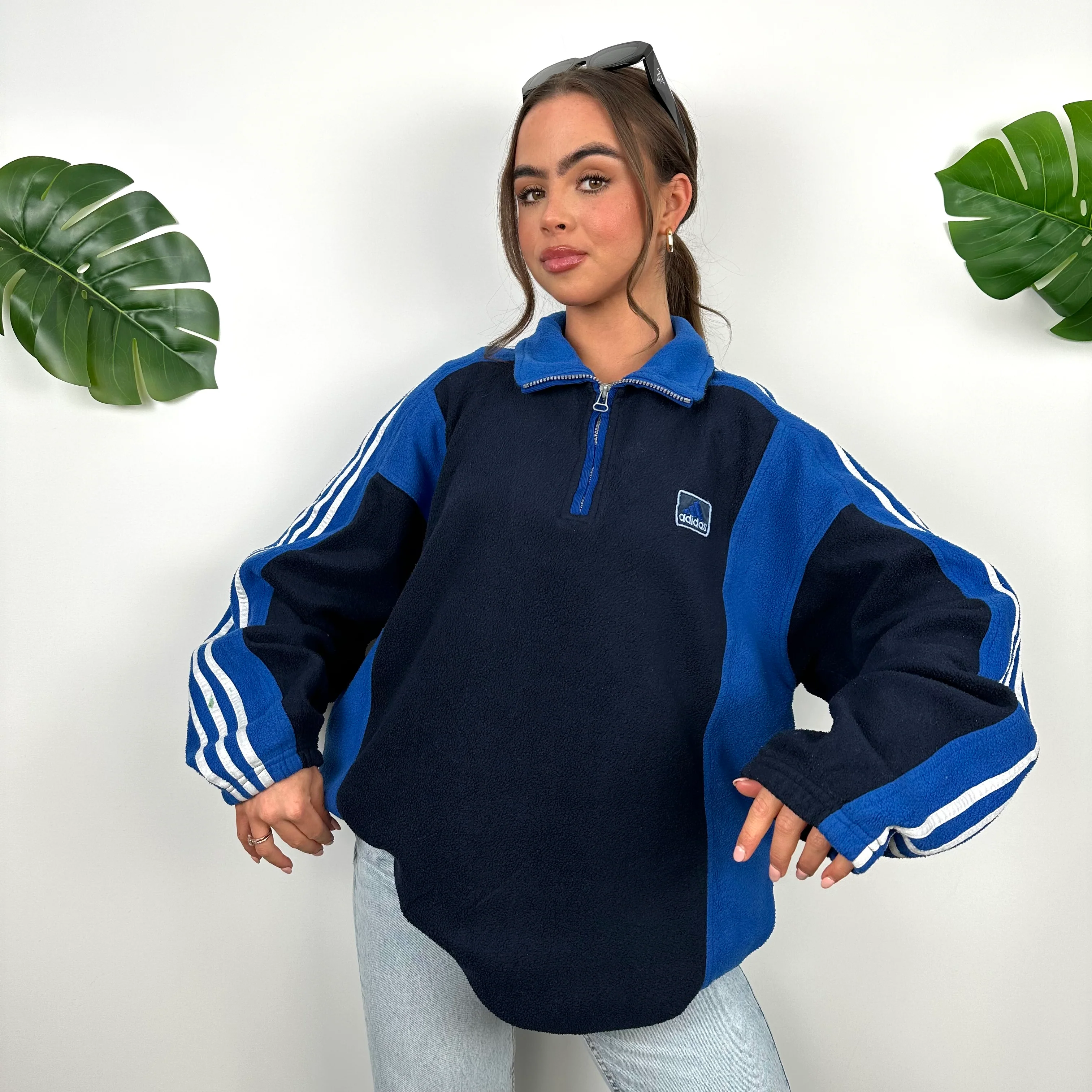 Adidas Black and Blue Embroidered Spell Out Logo Teddy Bear Fleece Quarter Zip Sweatshirt (XL) - Image 6