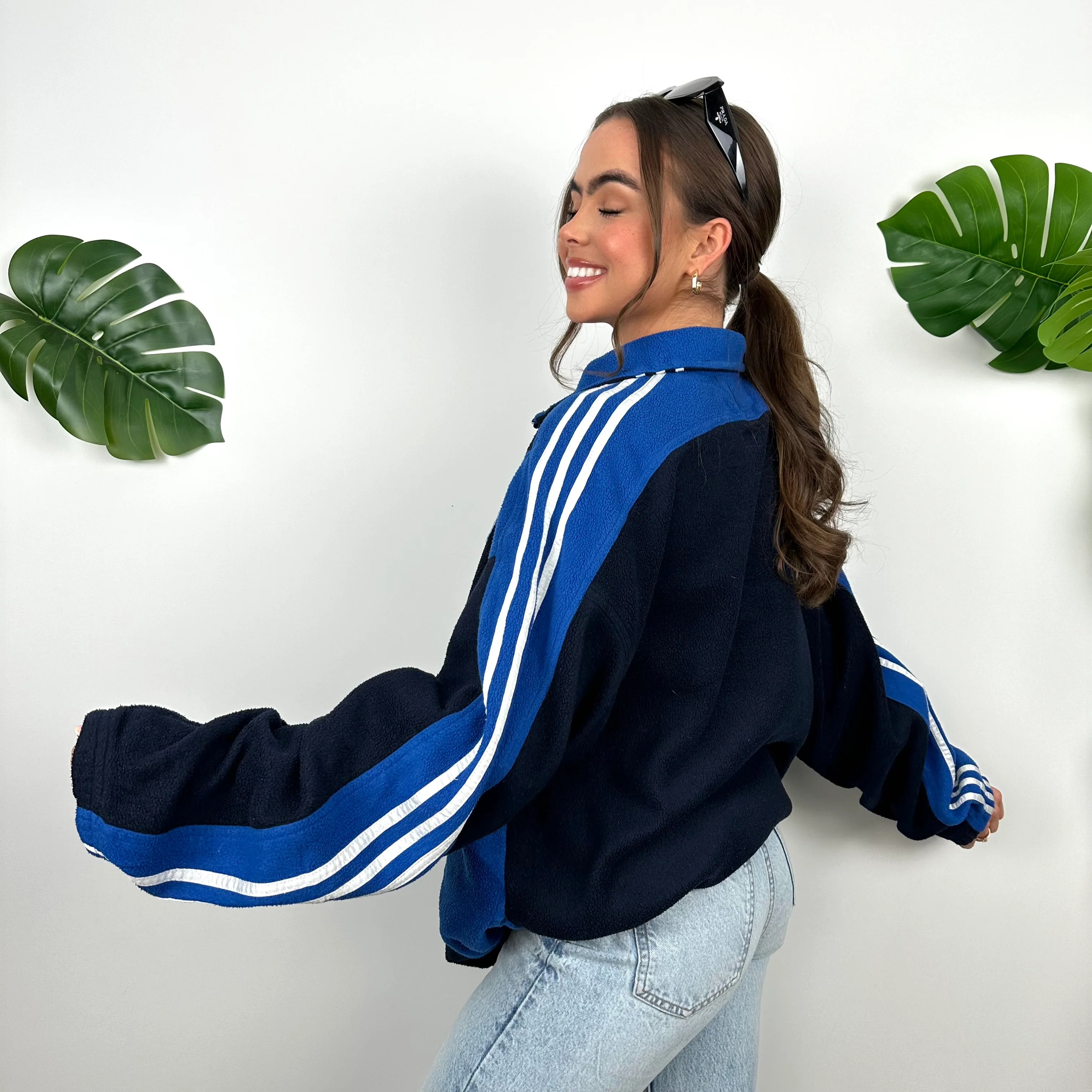 Adidas Black and Blue Embroidered Spell Out Logo Teddy Bear Fleece Quarter Zip Sweatshirt (XL) - Image 7