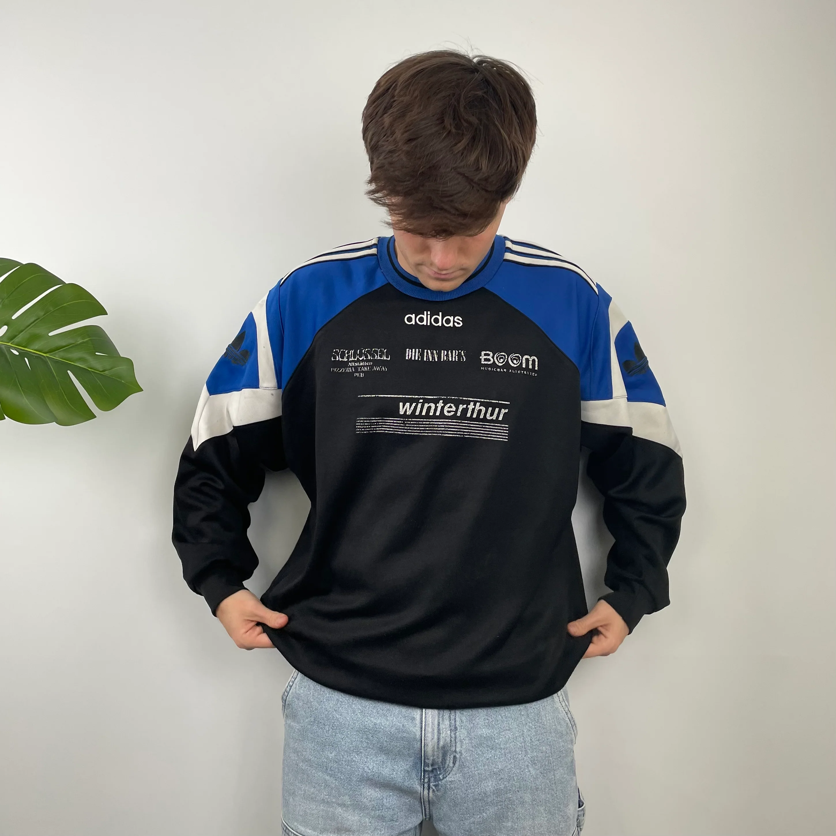 Adidas Black & Blue Embroidered Spell Out Colour Block Sweatshirt