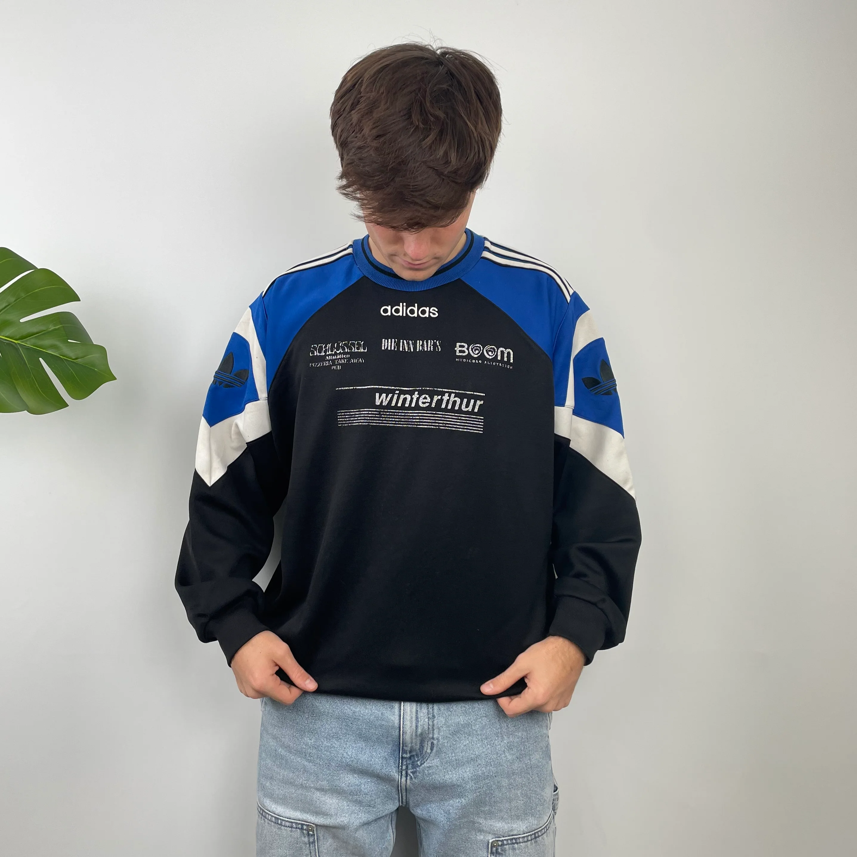 Adidas Black & Blue Embroidered Spell Out Colour Block Sweatshirt - Image 3