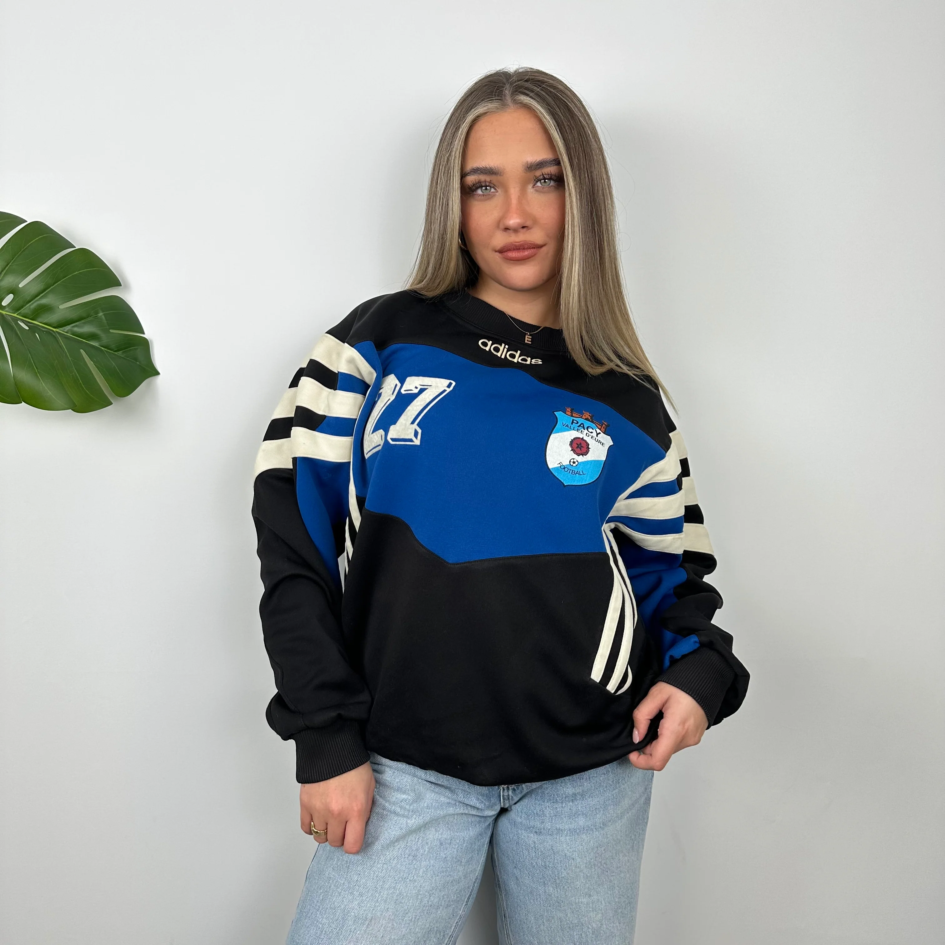 Adidas Black & Blue Embroidered Spell Out Colour Block Sweatshirt (L)