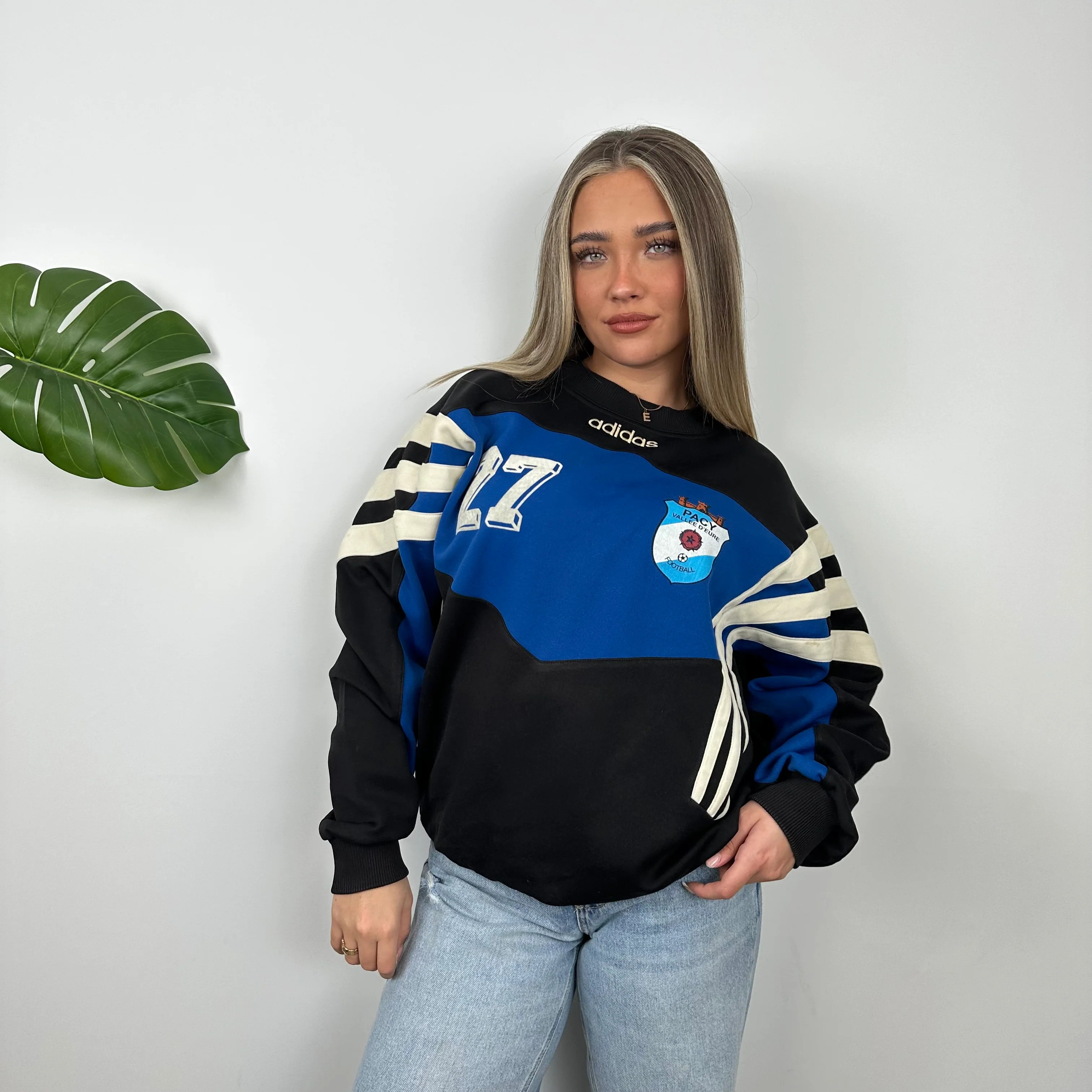 Adidas Black & Blue Embroidered Spell Out Colour Block Sweatshirt (L) - Image 4