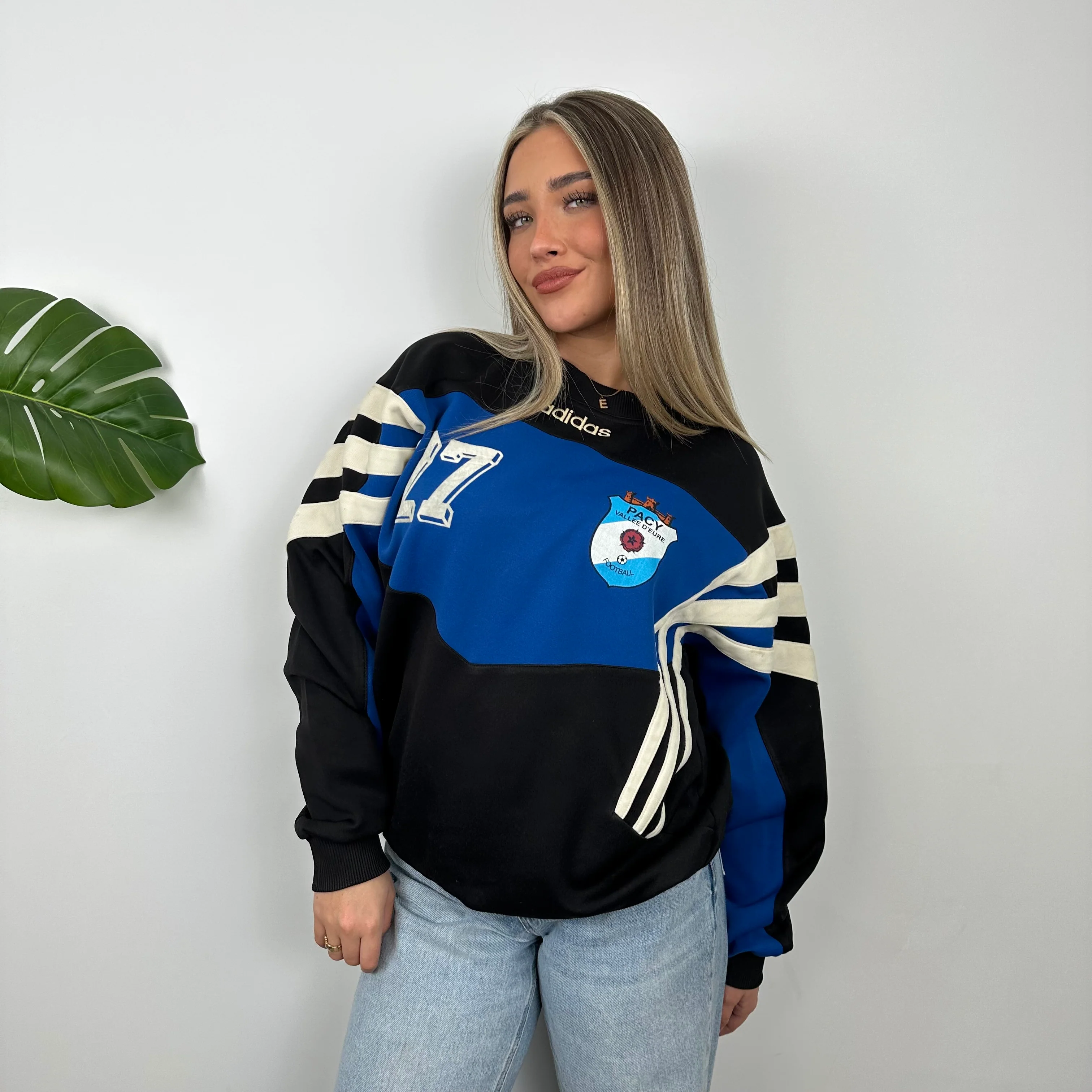 Adidas Black & Blue Embroidered Spell Out Colour Block Sweatshirt (L) - Image 5