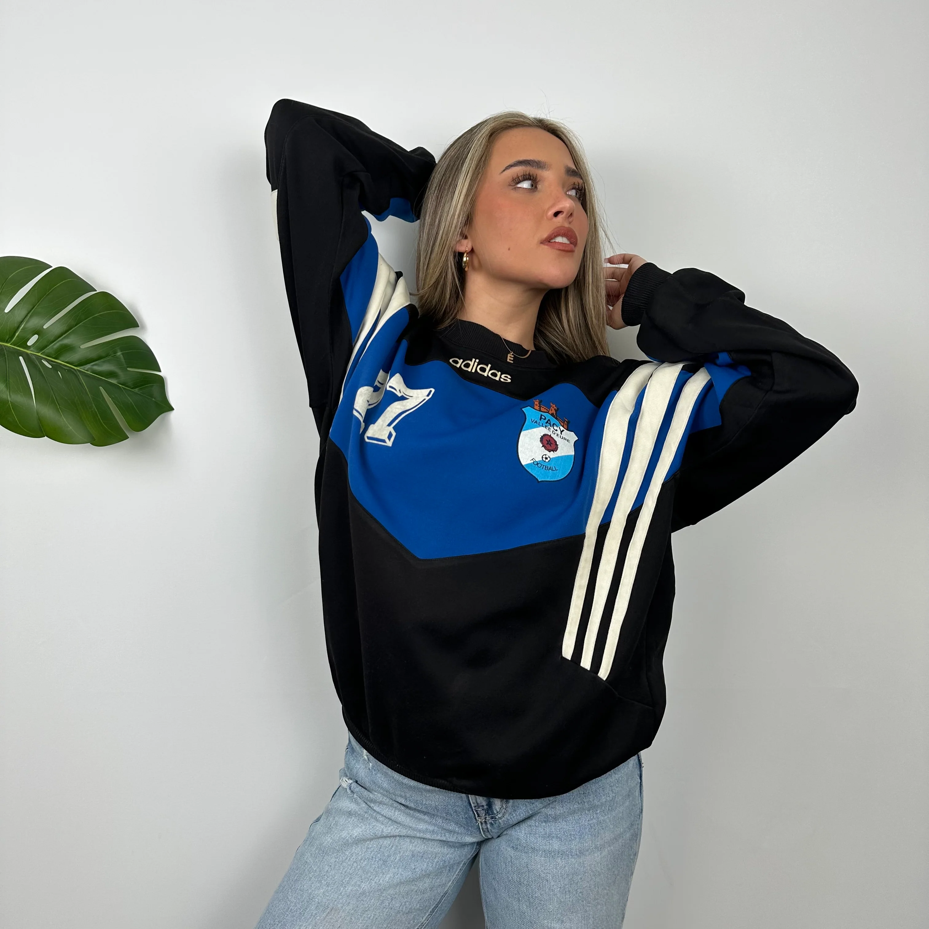 Adidas Black & Blue Embroidered Spell Out Colour Block Sweatshirt (L) - Image 7