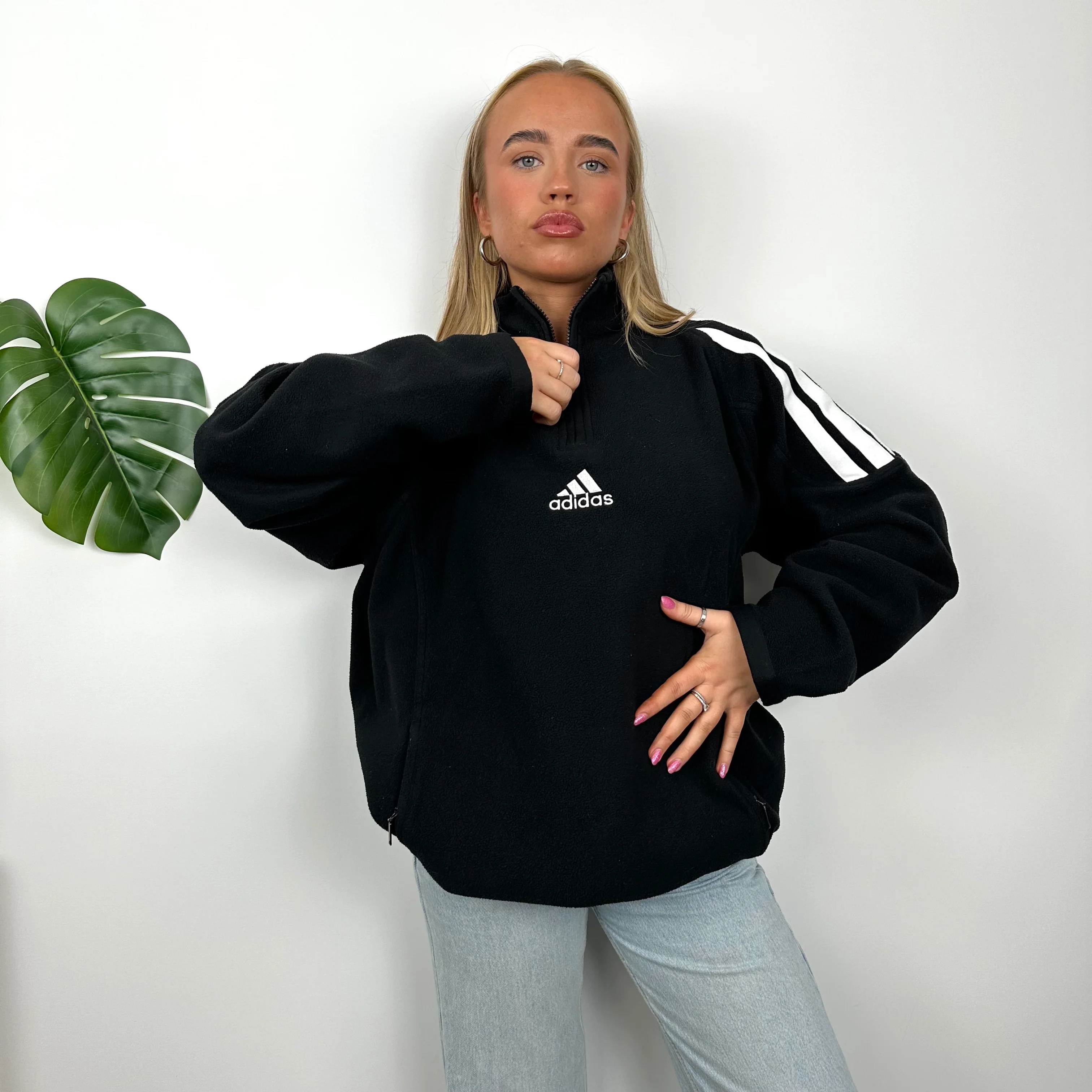 Adidas Black Embroidered Spell Out Teddy Bear Fleece Quarter Zip Sweatshirt (L) - Image 2