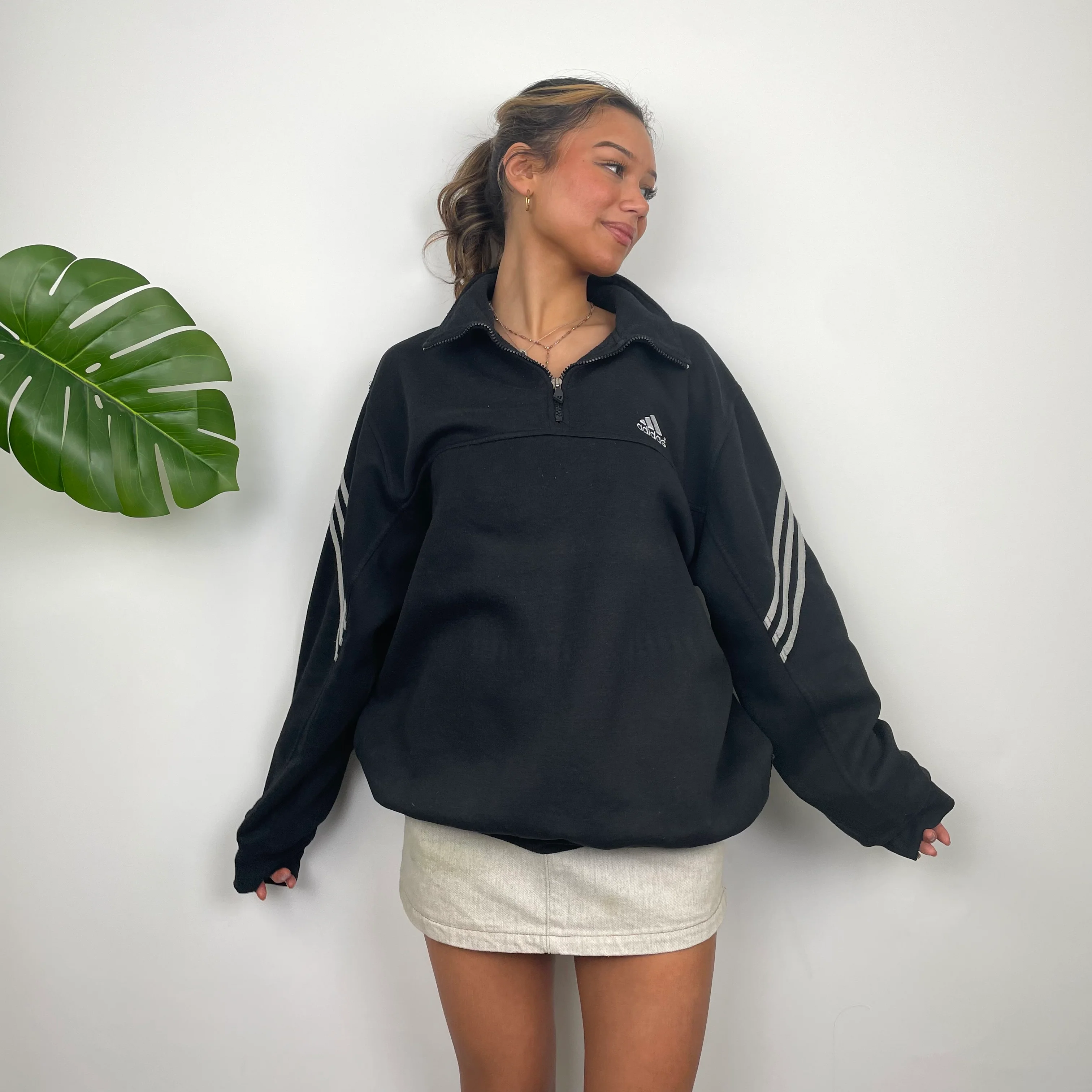 Adidas Black Embroidered Spell Out Quarter Zip Sweatshirt (L) - Image 2