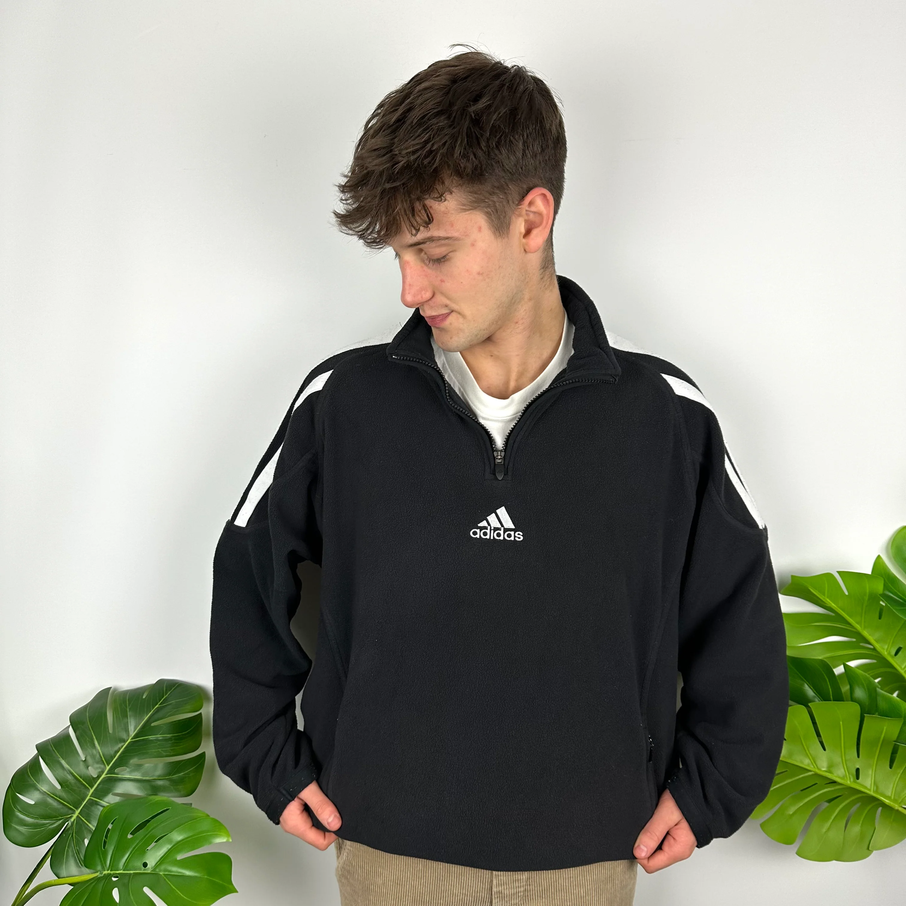 Adidas Black Embroidered Spell Out Teddy Bear Fleece Quarter Zip Sweatshirt (XL) - Image 6