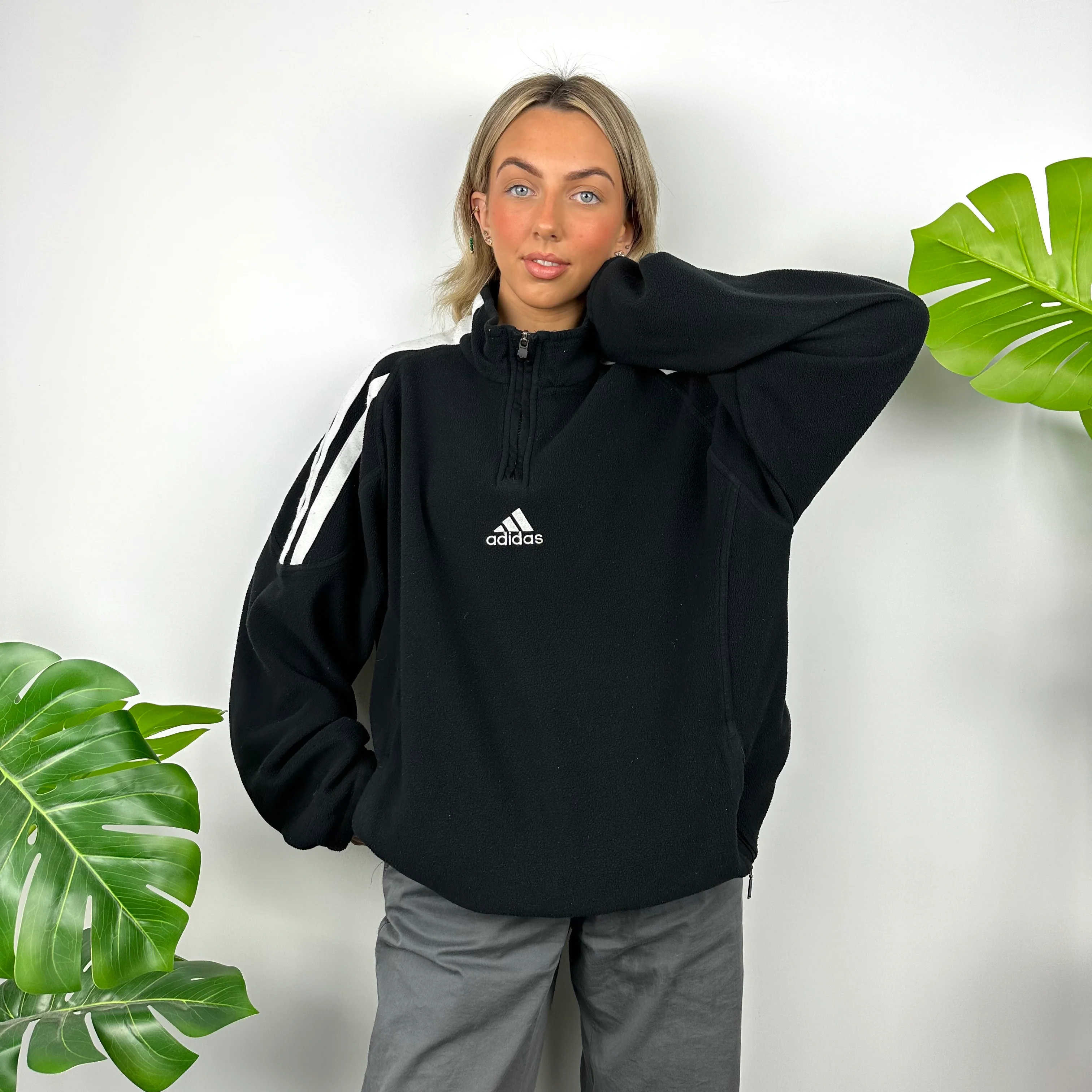 Adidas Black Embroidered Spell Out Teddy Bear Fleece Quarter Zip Sweatshirt (XL) - Image 2