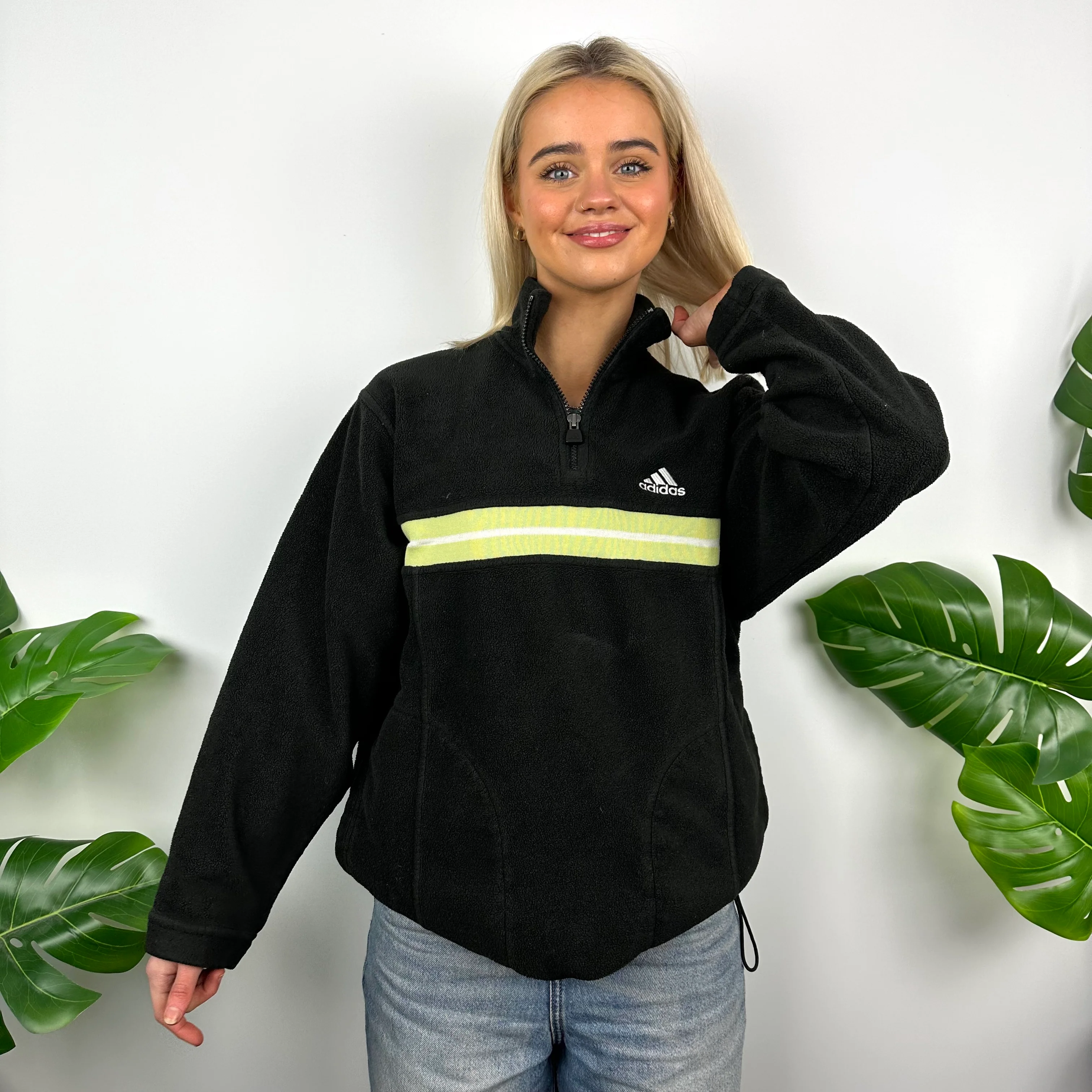 Adidas Black Embroidered Spell Out Teddy Bear Fleece Quarter Zip Sweatshirt (M) - Image 2