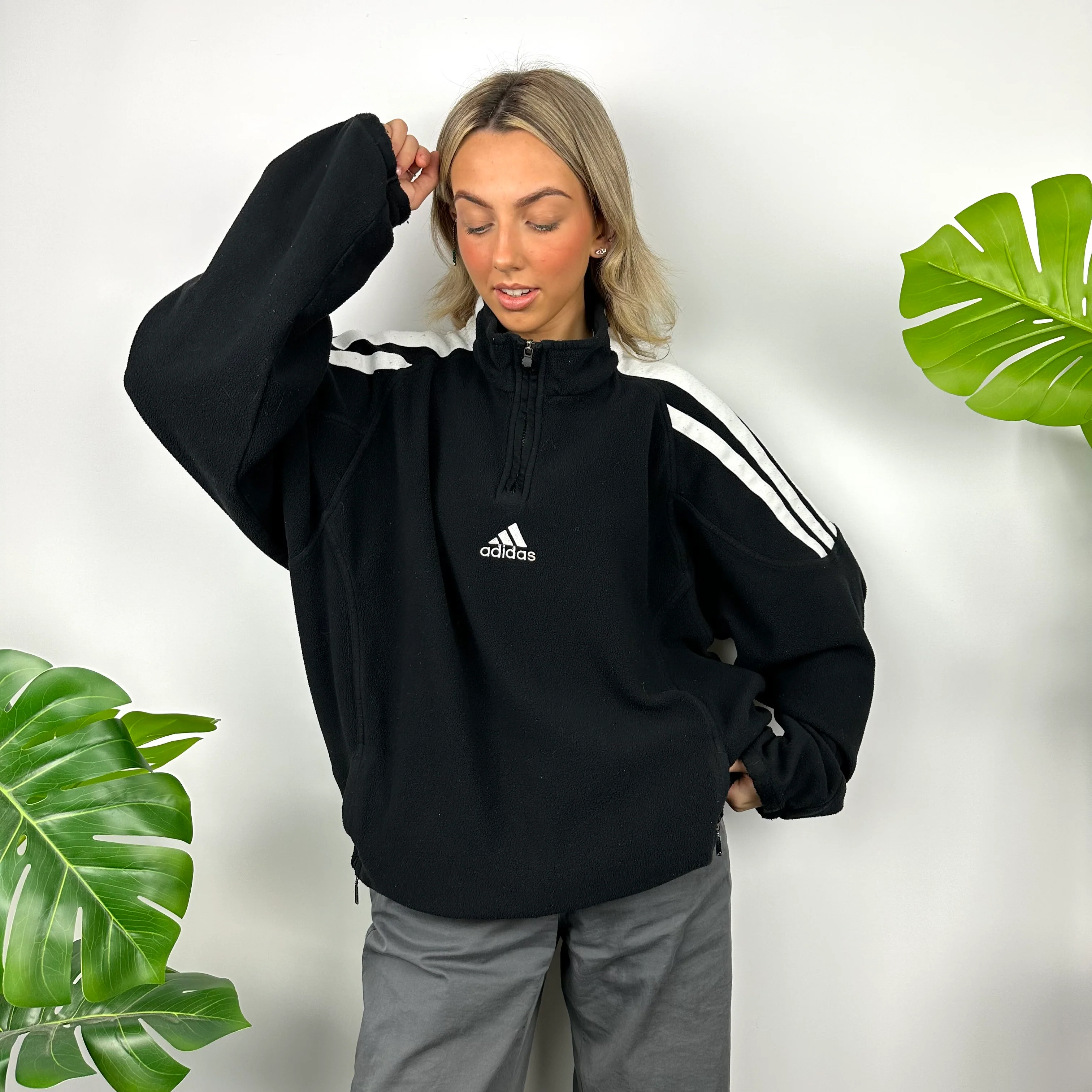 Adidas Black Embroidered Spell Out Teddy Bear Fleece Quarter Zip Sweatshirt (XL) - Image 3