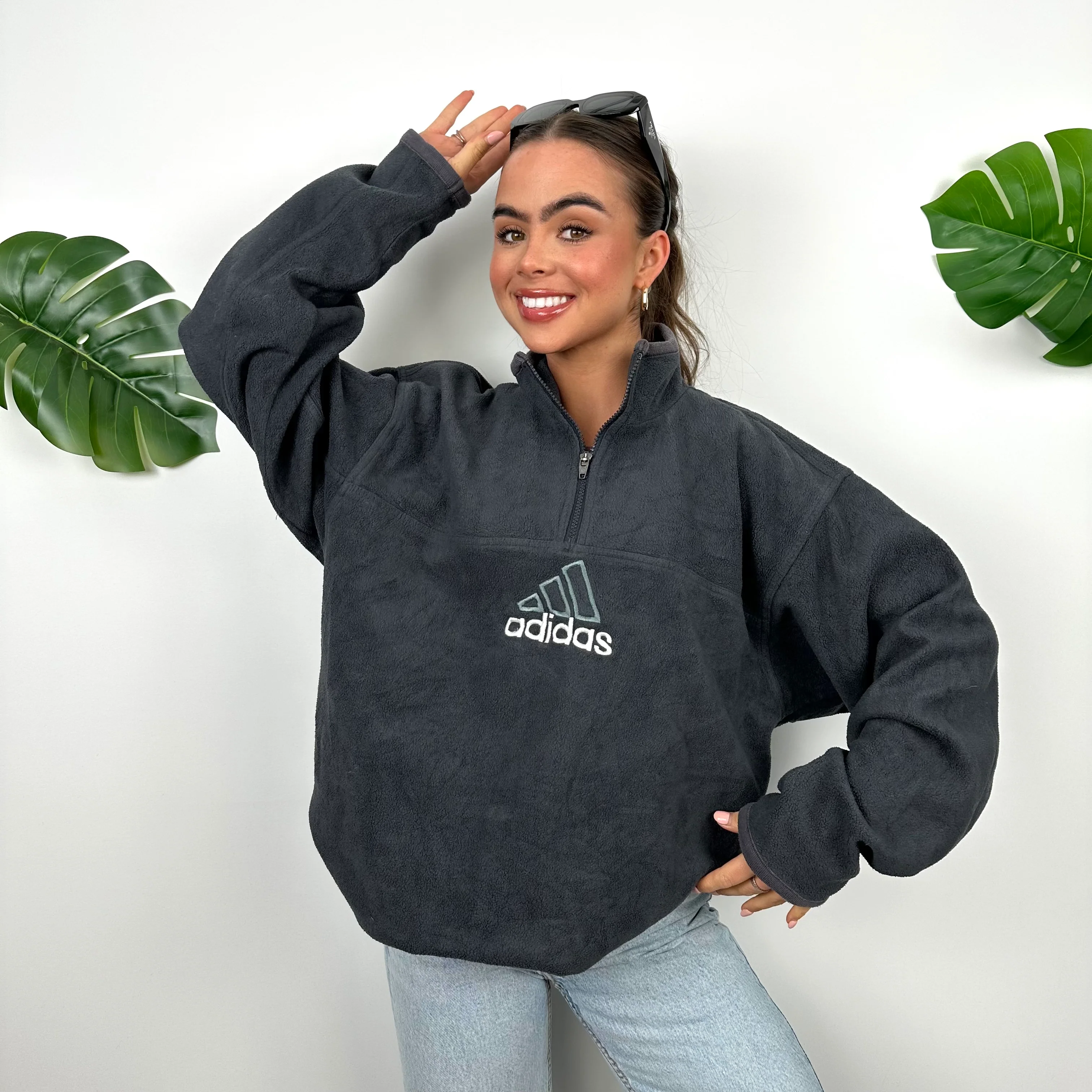 Adidas Black Embroidered Spell Out Teddy Bear Fleece Quarter Zip Sweatshirt (M)