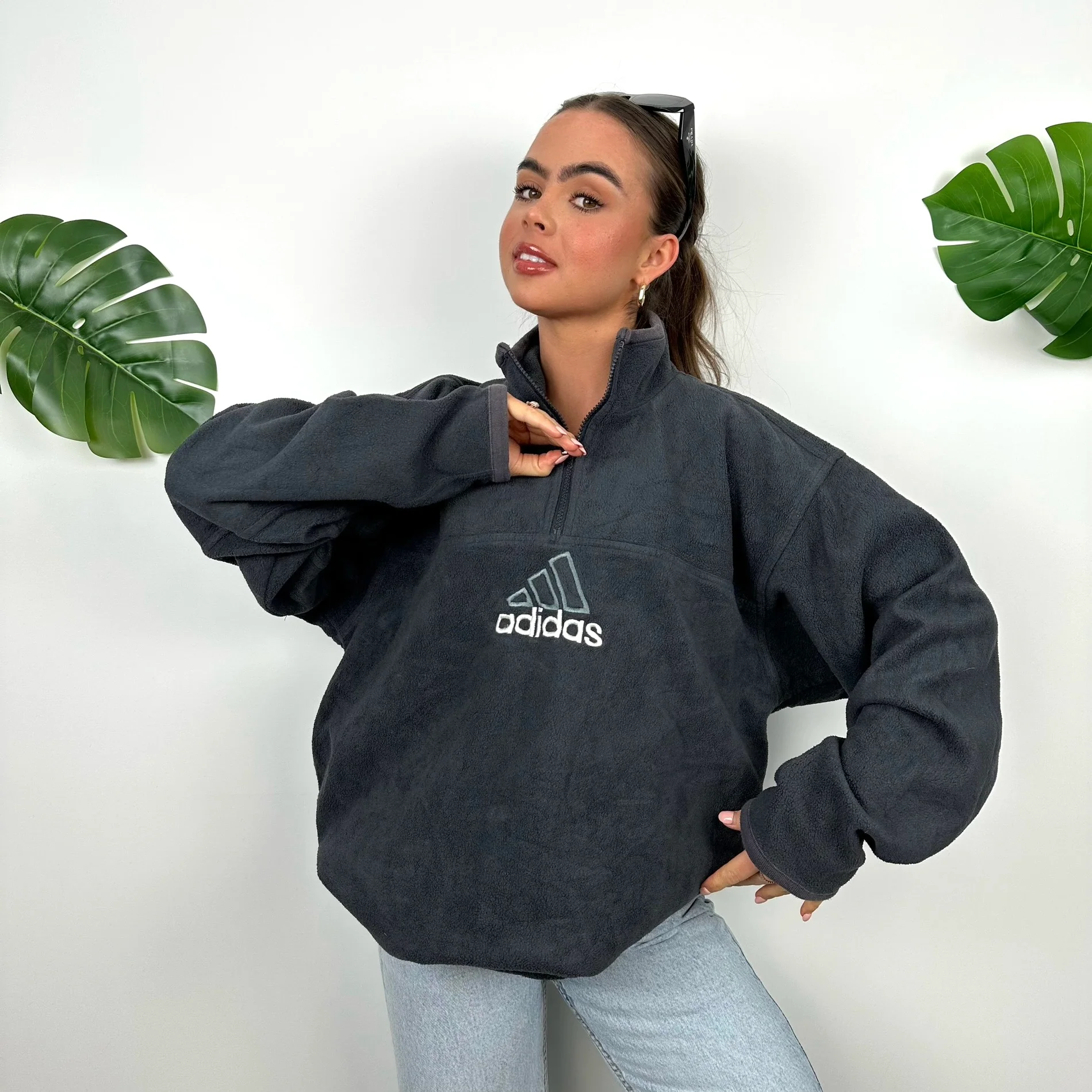 Adidas Black Embroidered Spell Out Teddy Bear Fleece Quarter Zip Sweatshirt (M) - Image 3
