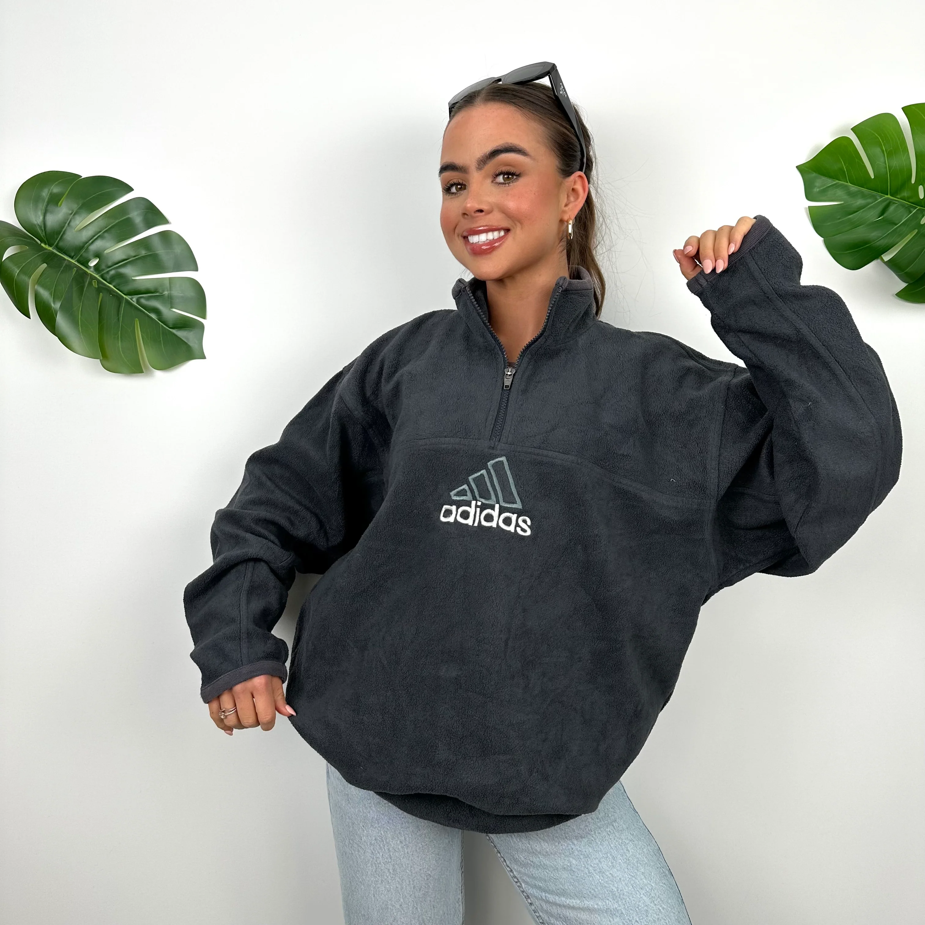 Adidas Black Embroidered Spell Out Teddy Bear Fleece Quarter Zip Sweatshirt (M) - Image 4