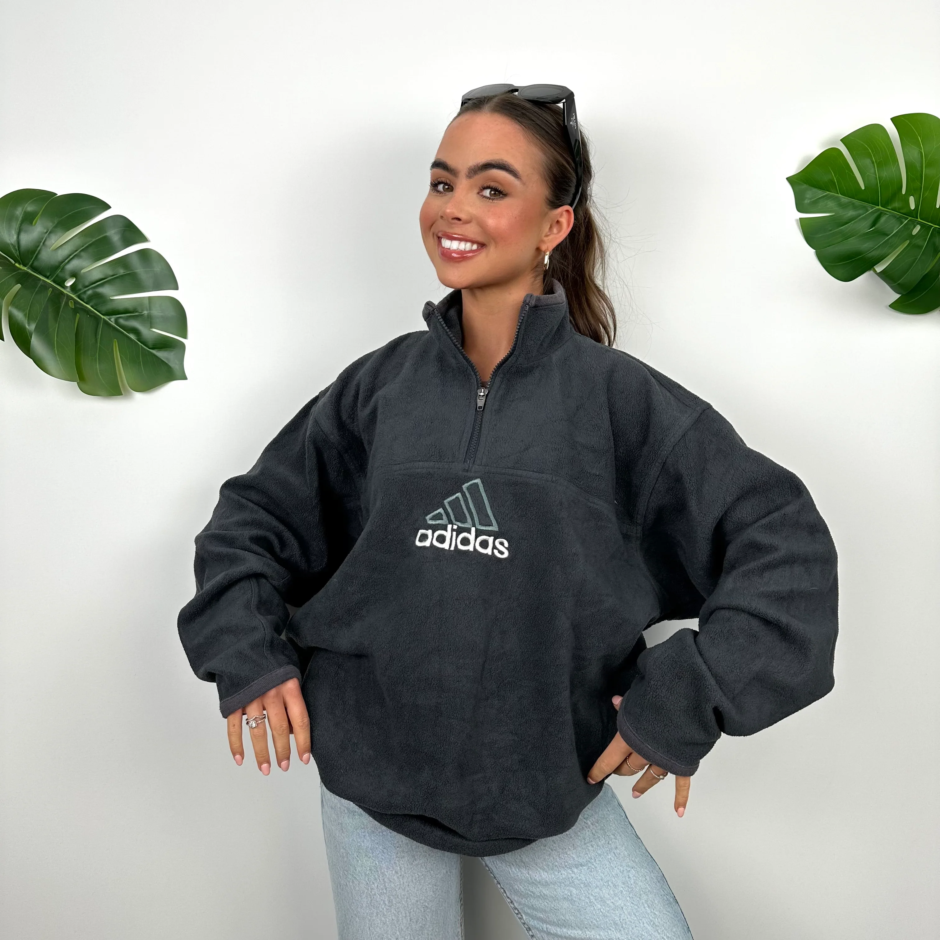 Adidas Black Embroidered Spell Out Teddy Bear Fleece Quarter Zip Sweatshirt (M) - Image 5