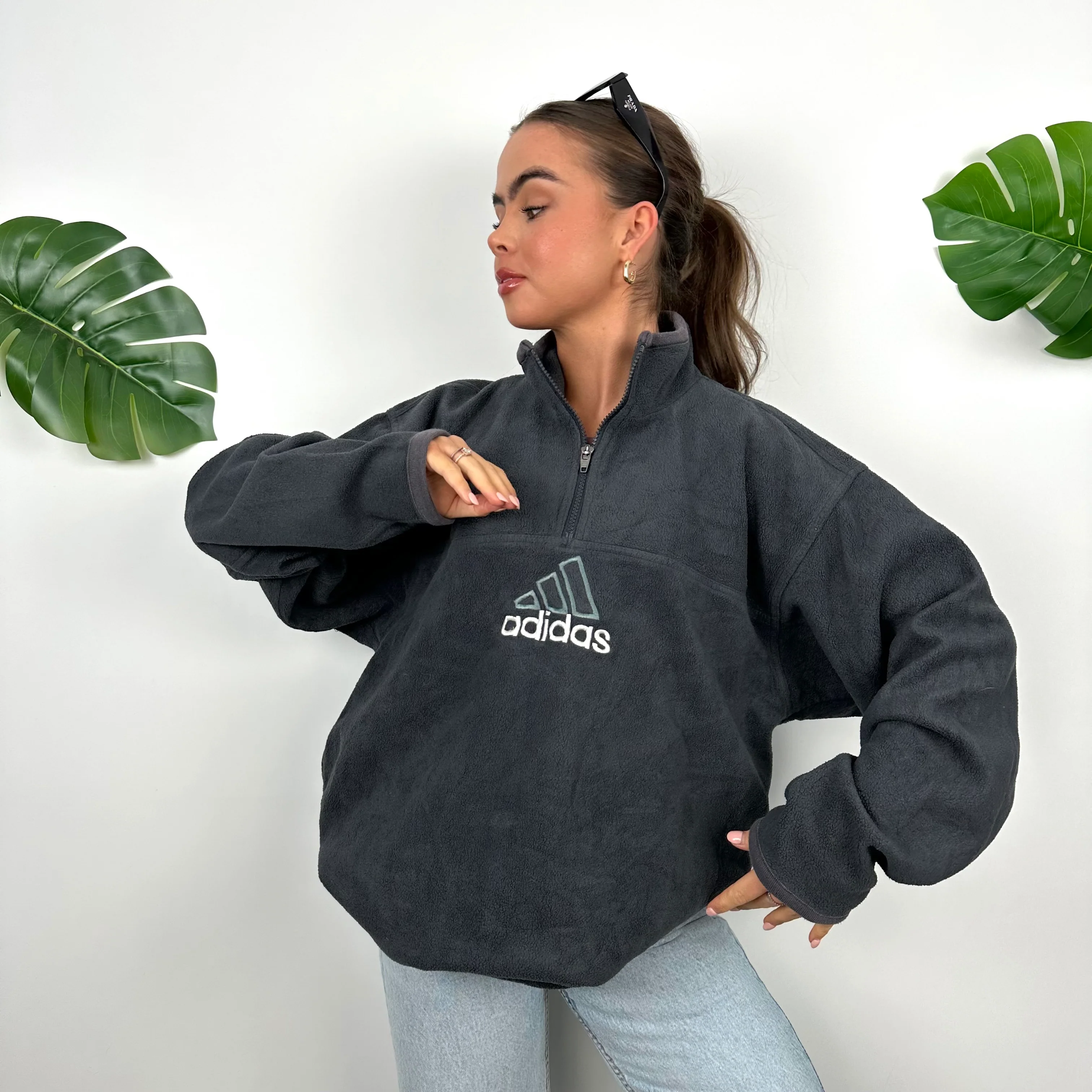 Adidas Black Embroidered Spell Out Teddy Bear Fleece Quarter Zip Sweatshirt (M) - Image 6