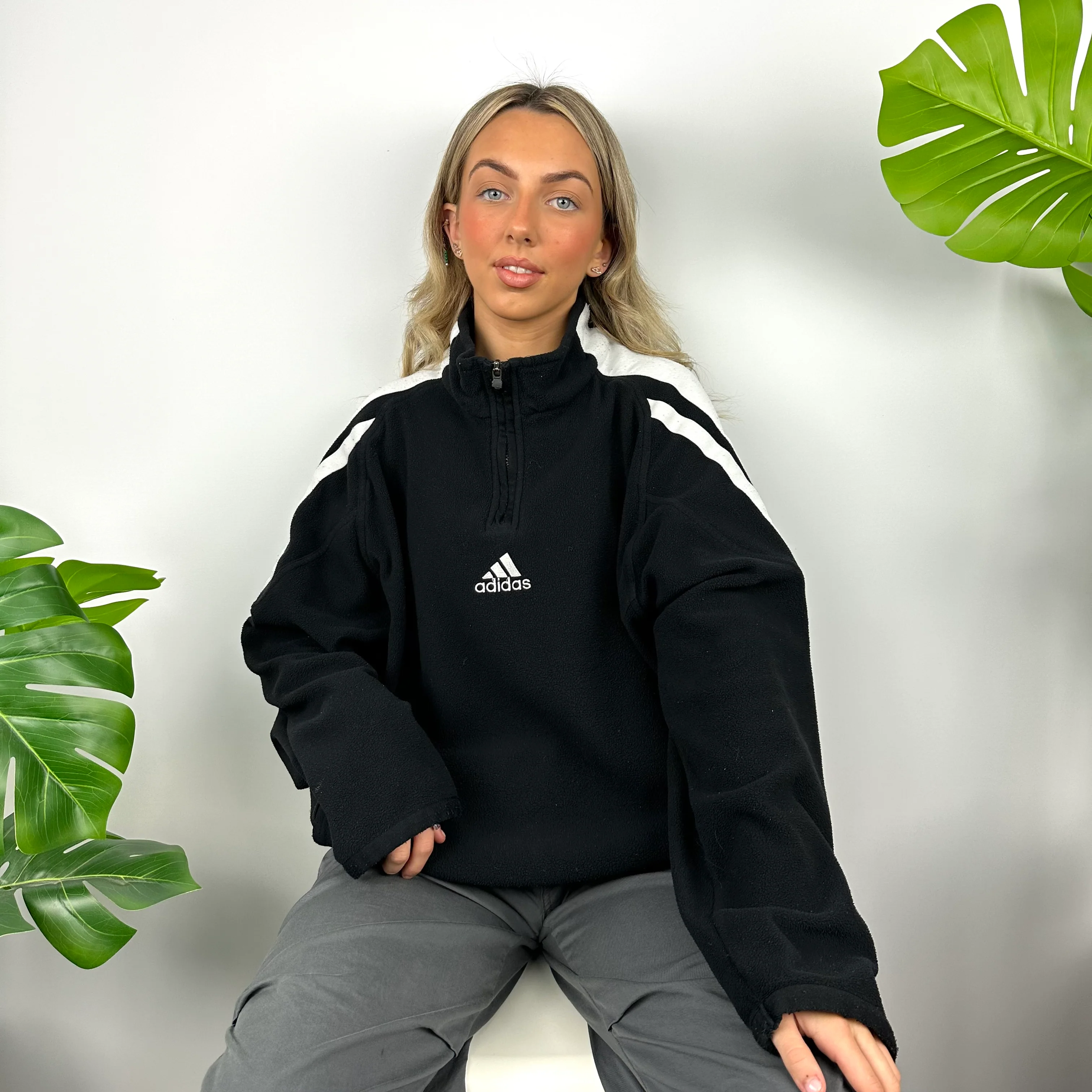Adidas Black Embroidered Spell Out Teddy Bear Fleece Quarter Zip Sweatshirt (XL) - Image 4