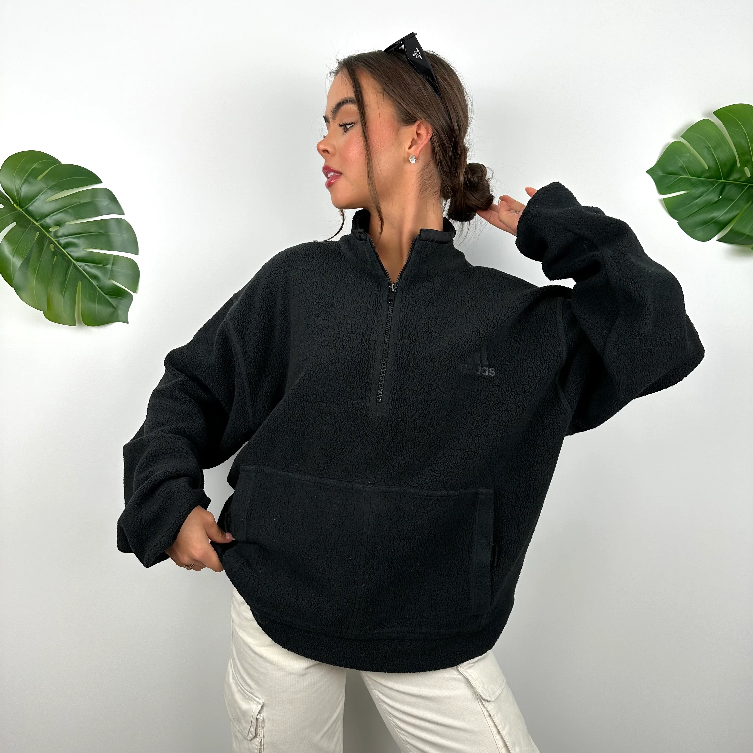 Adidas Black Embroidered Spell Out Teddy Bear Fleece Quarter Zip Sweatshirt (M) - Image 2