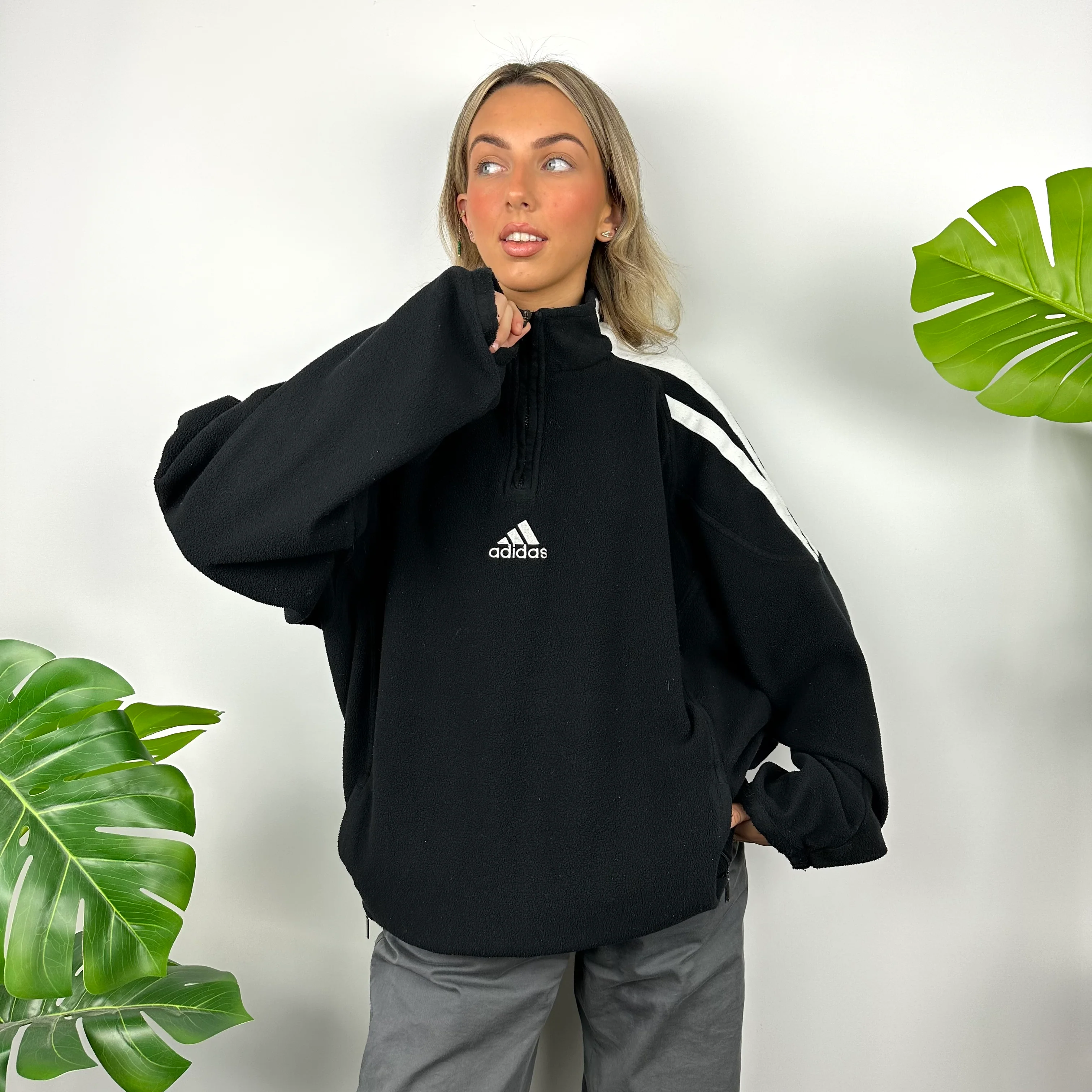 Adidas Black Embroidered Spell Out Teddy Bear Fleece Quarter Zip Sweatshirt (XL) - Image 6