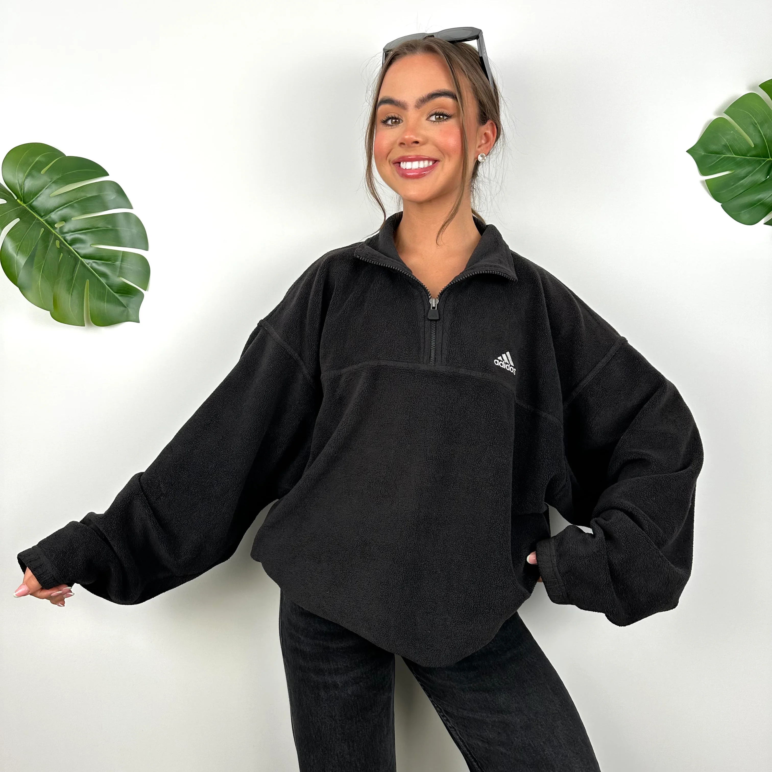 Adidas Black Embroidered Spell Out Teddy Bear Fleece Quarter Zip Sweatshirt (XL) - Image 2