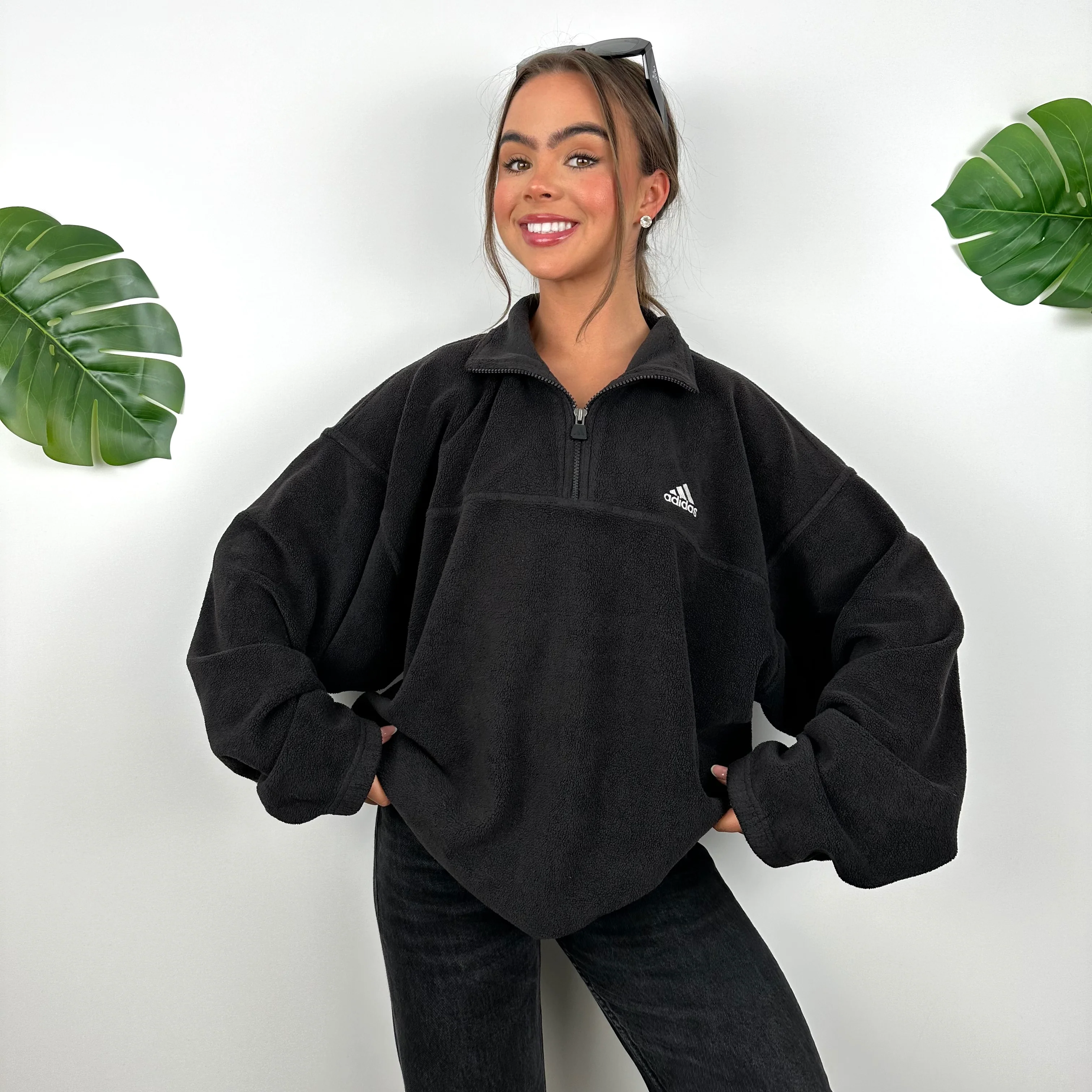 Adidas Black Embroidered Spell Out Teddy Bear Fleece Quarter Zip Sweatshirt (XL) - Image 3