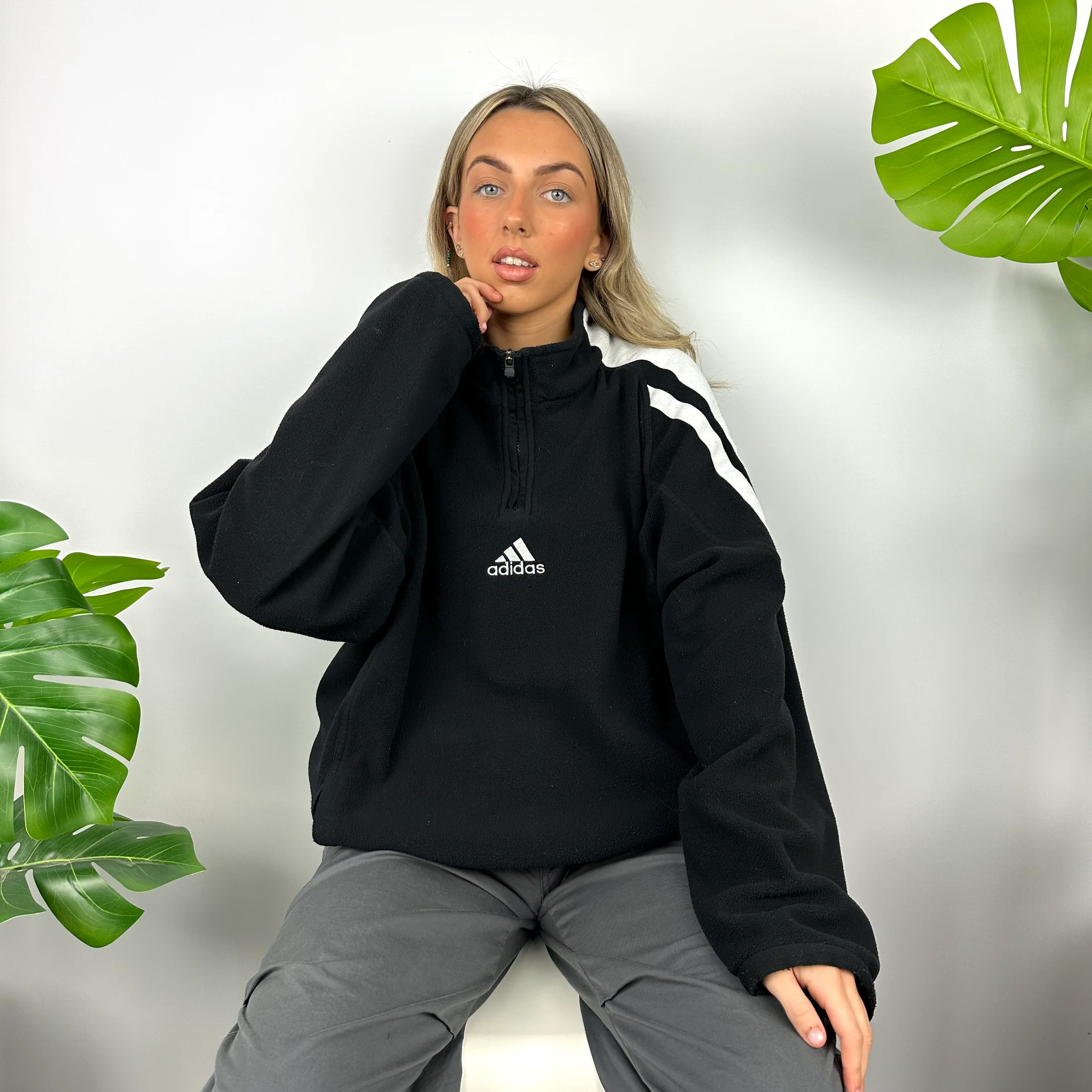 Adidas Black Embroidered Spell Out Teddy Bear Fleece Quarter Zip Sweatshirt (XL) - Image 7