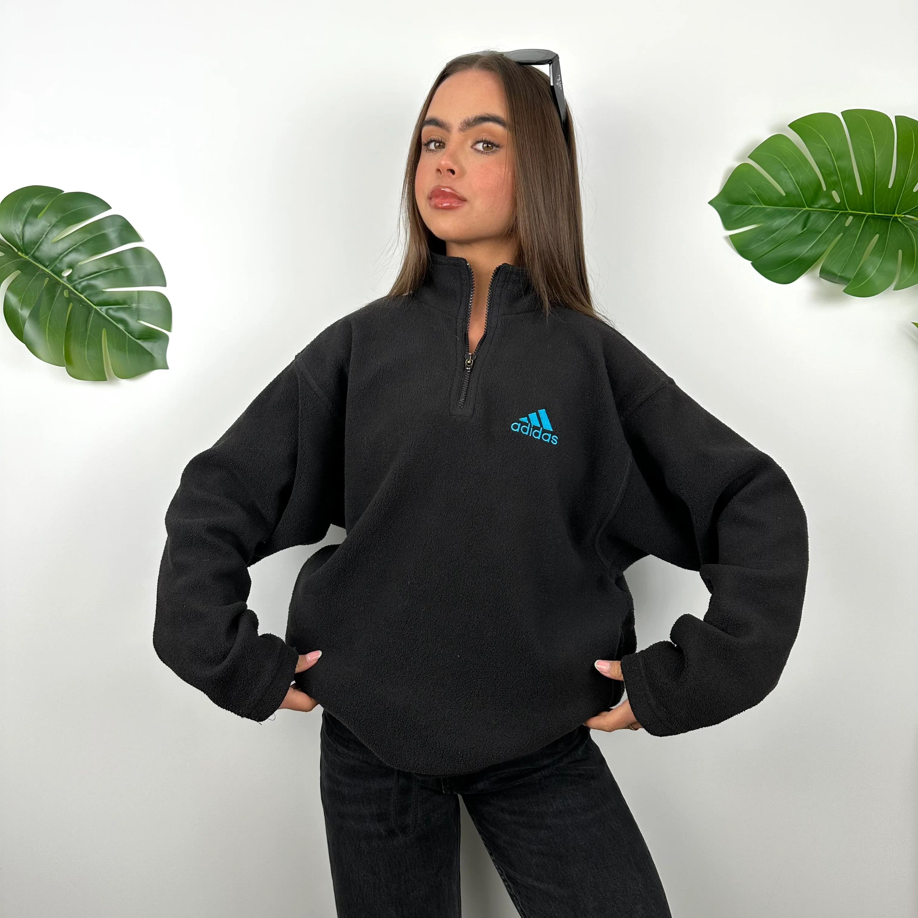 Adidas Black Embroidered Spell Out Teddy Bear Fleece Quarter Zip Sweatshirt (M) - Image 2