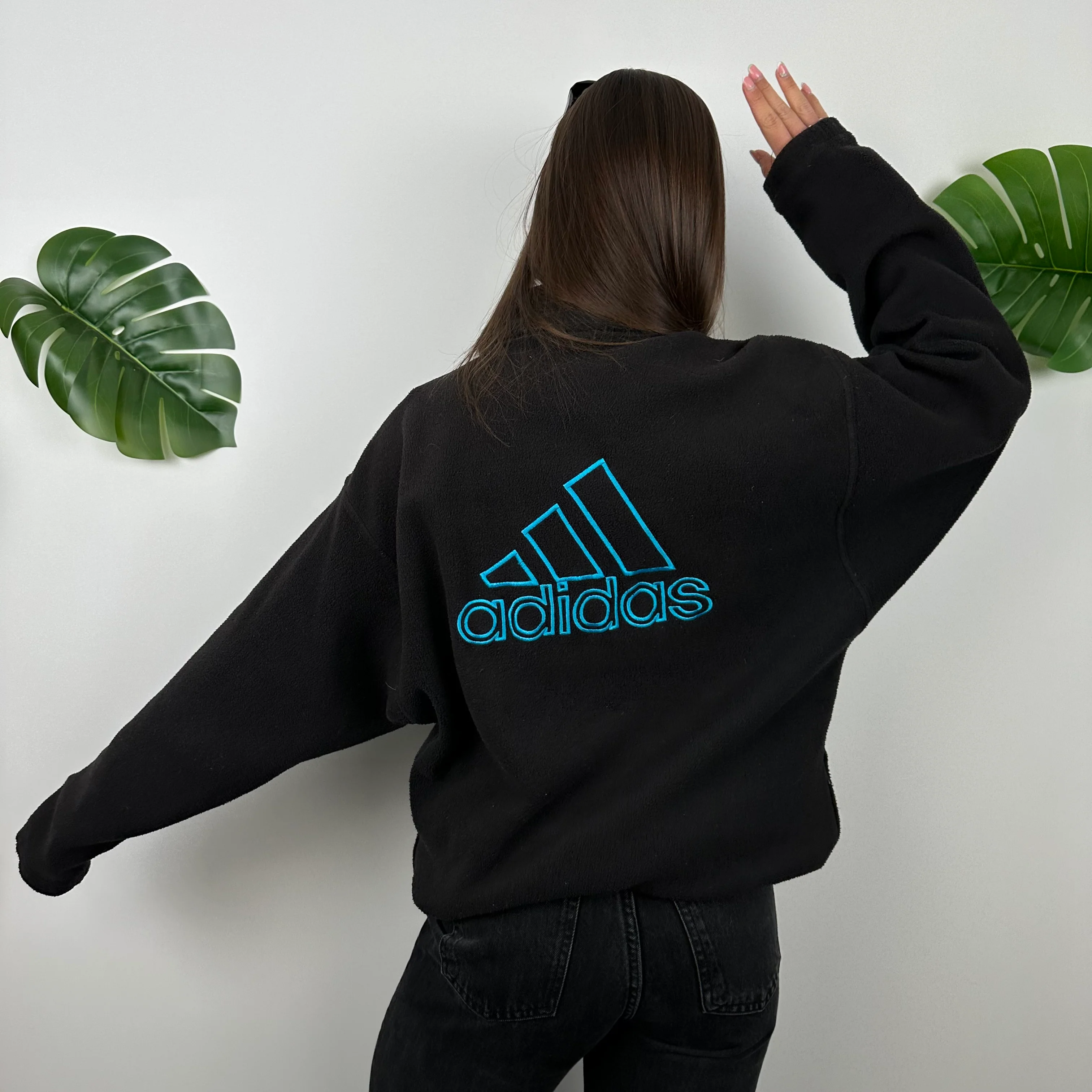Adidas Black Embroidered Spell Out Teddy Bear Fleece Quarter Zip Sweatshirt (M) - Image 3