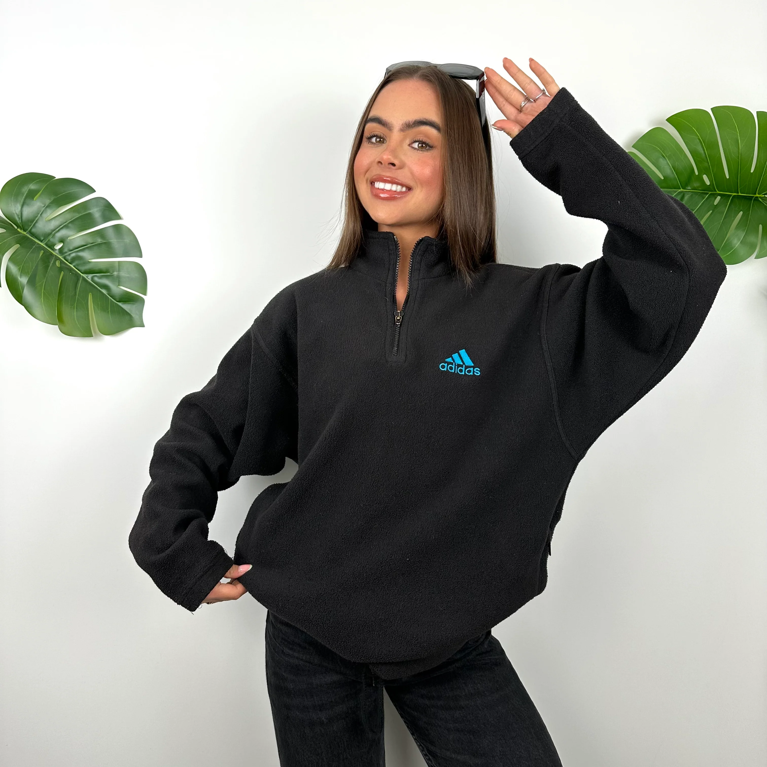 Adidas Black Embroidered Spell Out Teddy Bear Fleece Quarter Zip Sweatshirt (M) - Image 4