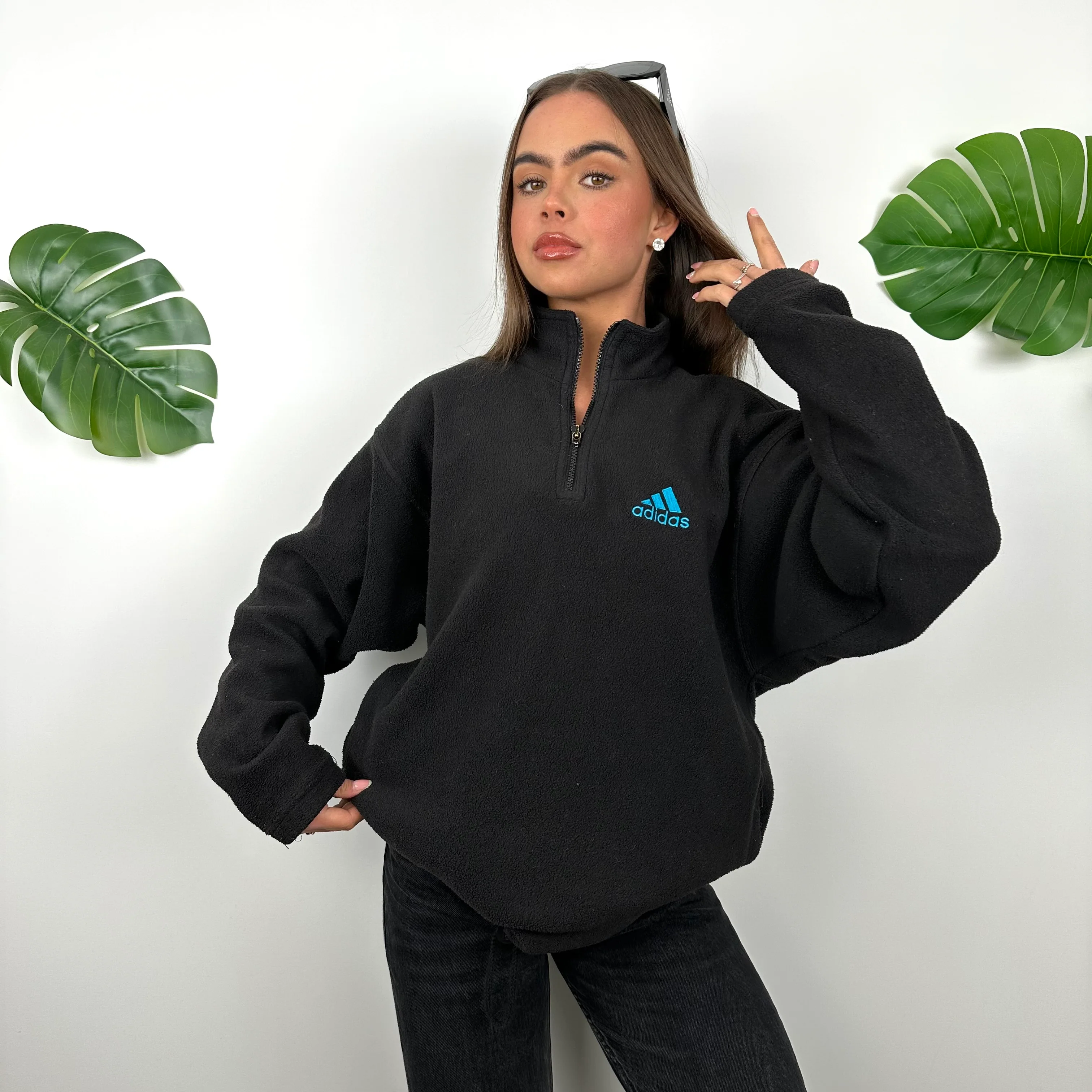 Adidas Black Embroidered Spell Out Teddy Bear Fleece Quarter Zip Sweatshirt (M) - Image 7
