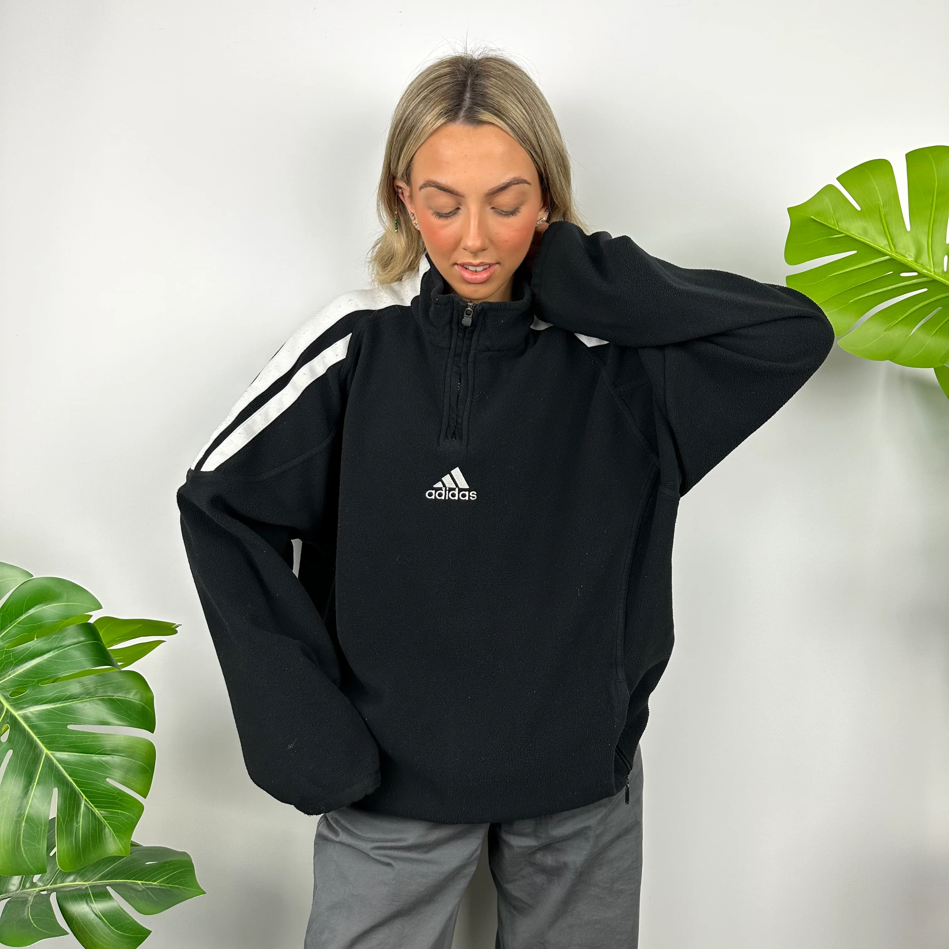 Adidas Black Embroidered Spell Out Teddy Bear Fleece Quarter Zip Sweatshirt (XL) - Image 8