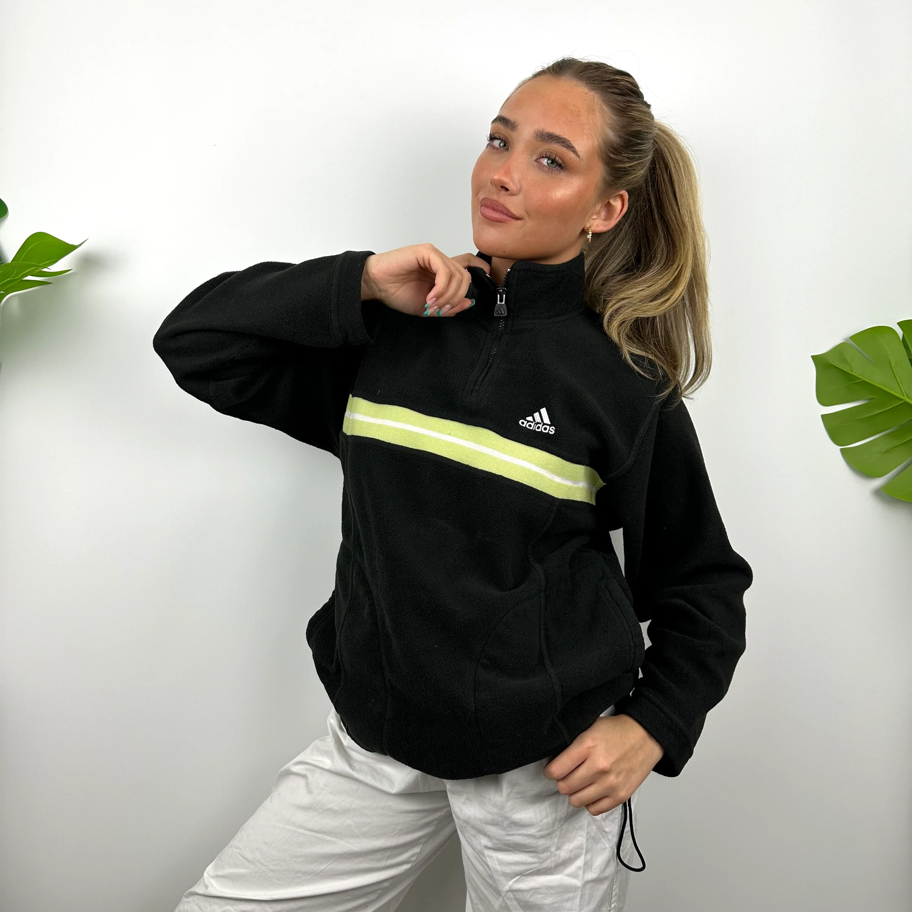 Adidas Black Embroidered Spell Out Teddy Bear Fleece Quarter Zip Sweatshirt (M) - Image 3