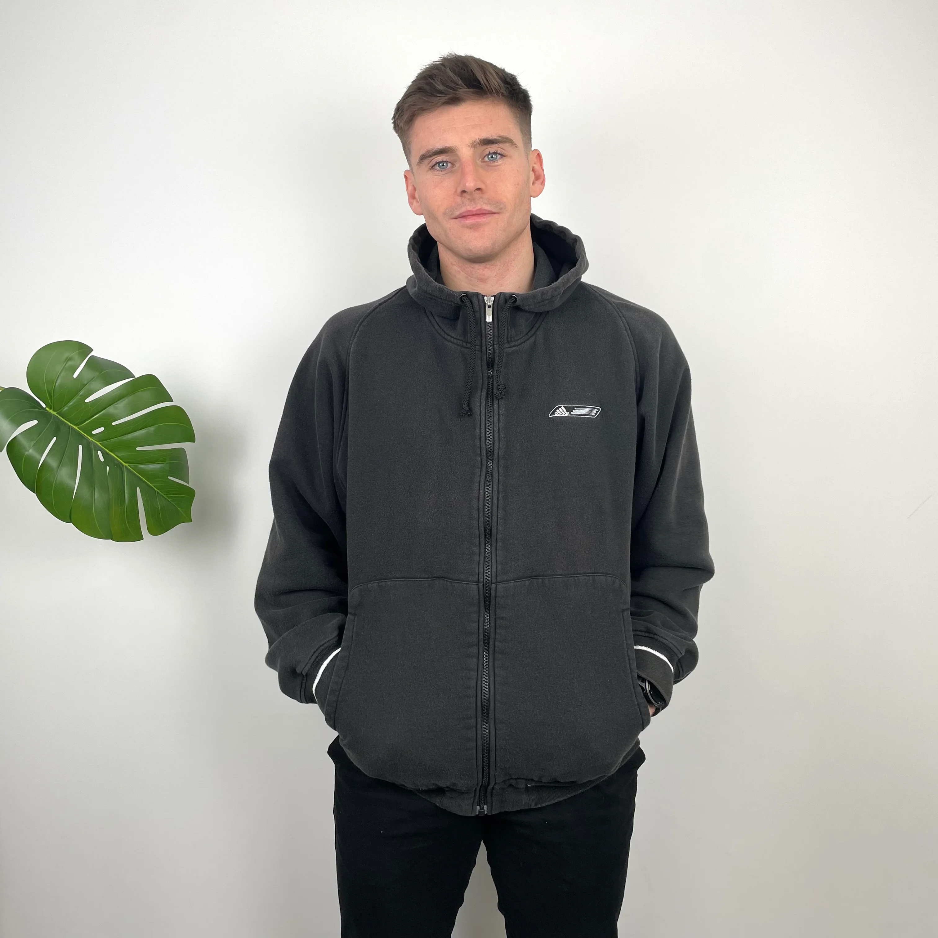 Adidas Black Embroidered Spell Out Zip Up Hoodie Jacket (M) - Image 3